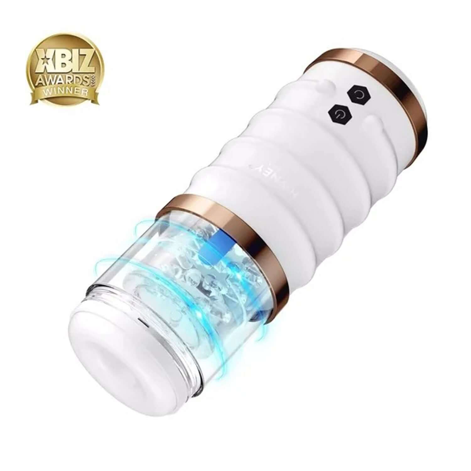 Warrior Thrusting Male Masturbator in white with gold accents, USB rechargeable, features 7 modes, body-safe silicone material.