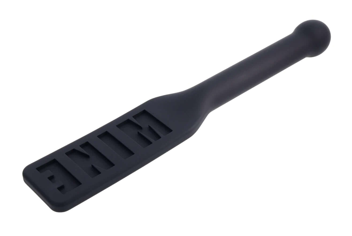 Black silicone paddle imprinted with "MINE," designed for enhancing intimate power dynamics and sensation.