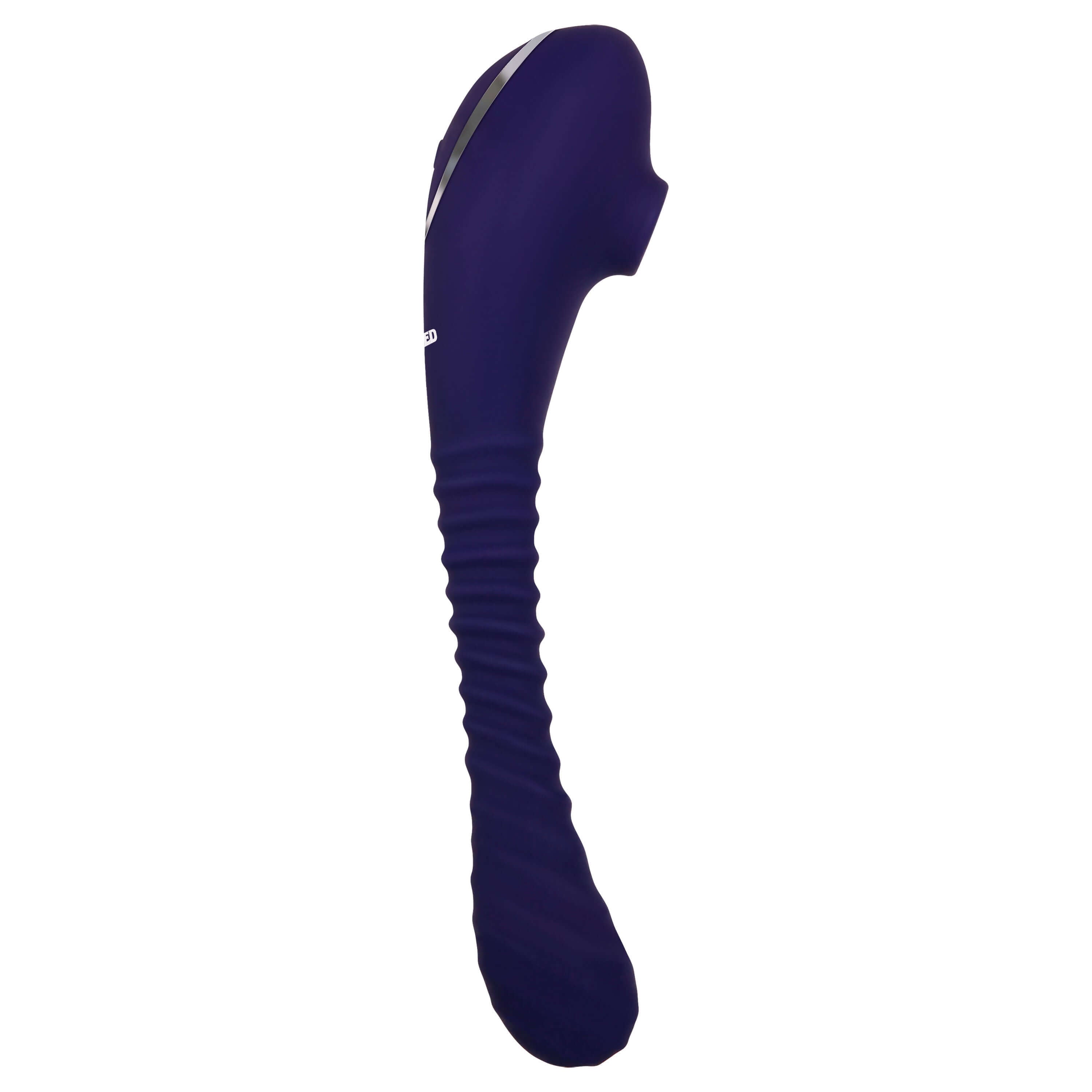 Double-ended suction vibrator with ribbed texture and suction stimulator, designed for intense clitoral pleasure and versatile use.