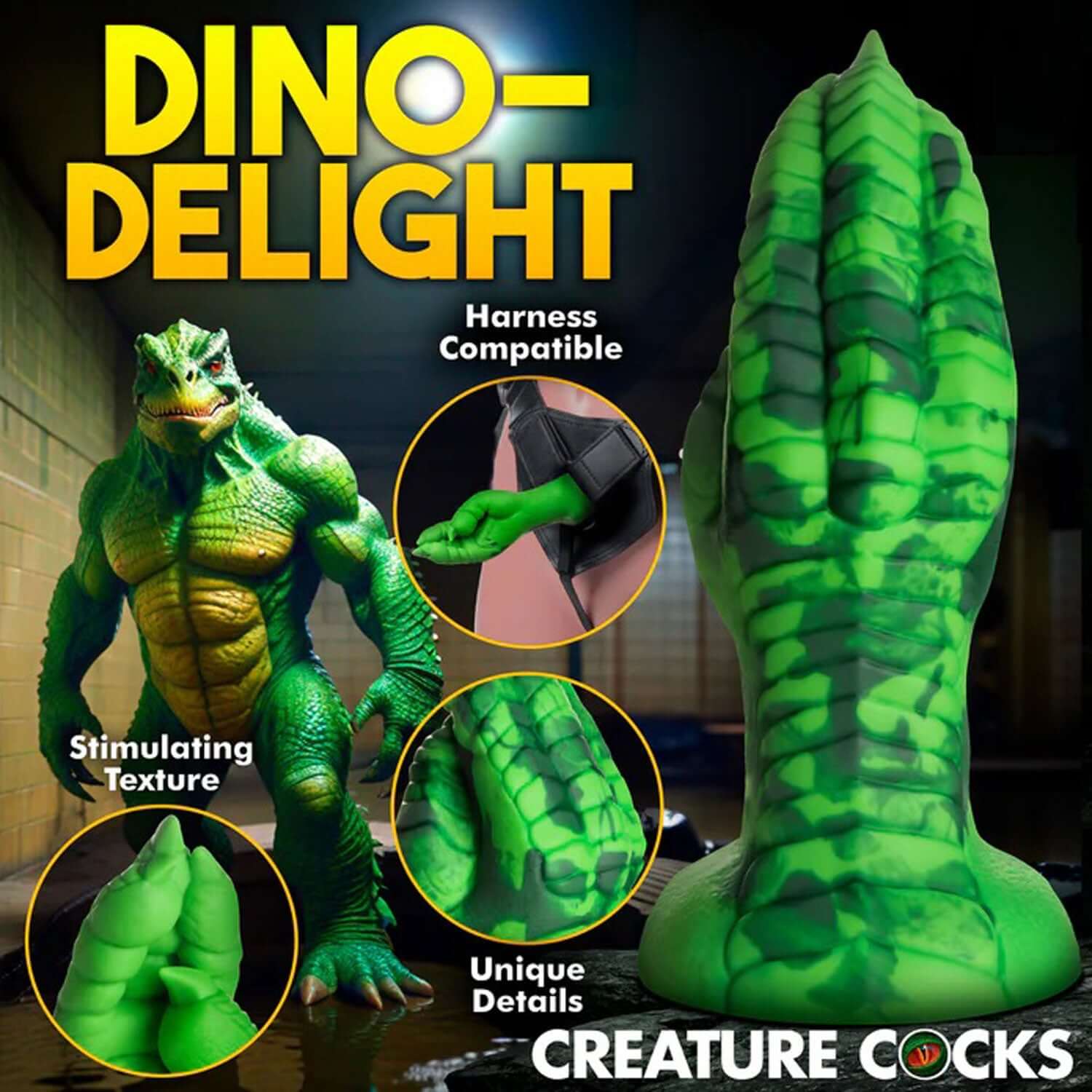 Raptor Claw Fisting Silicone Dildo in Green featuring stimulating texture, harness compatibility, unique details, and strong suction-cup base