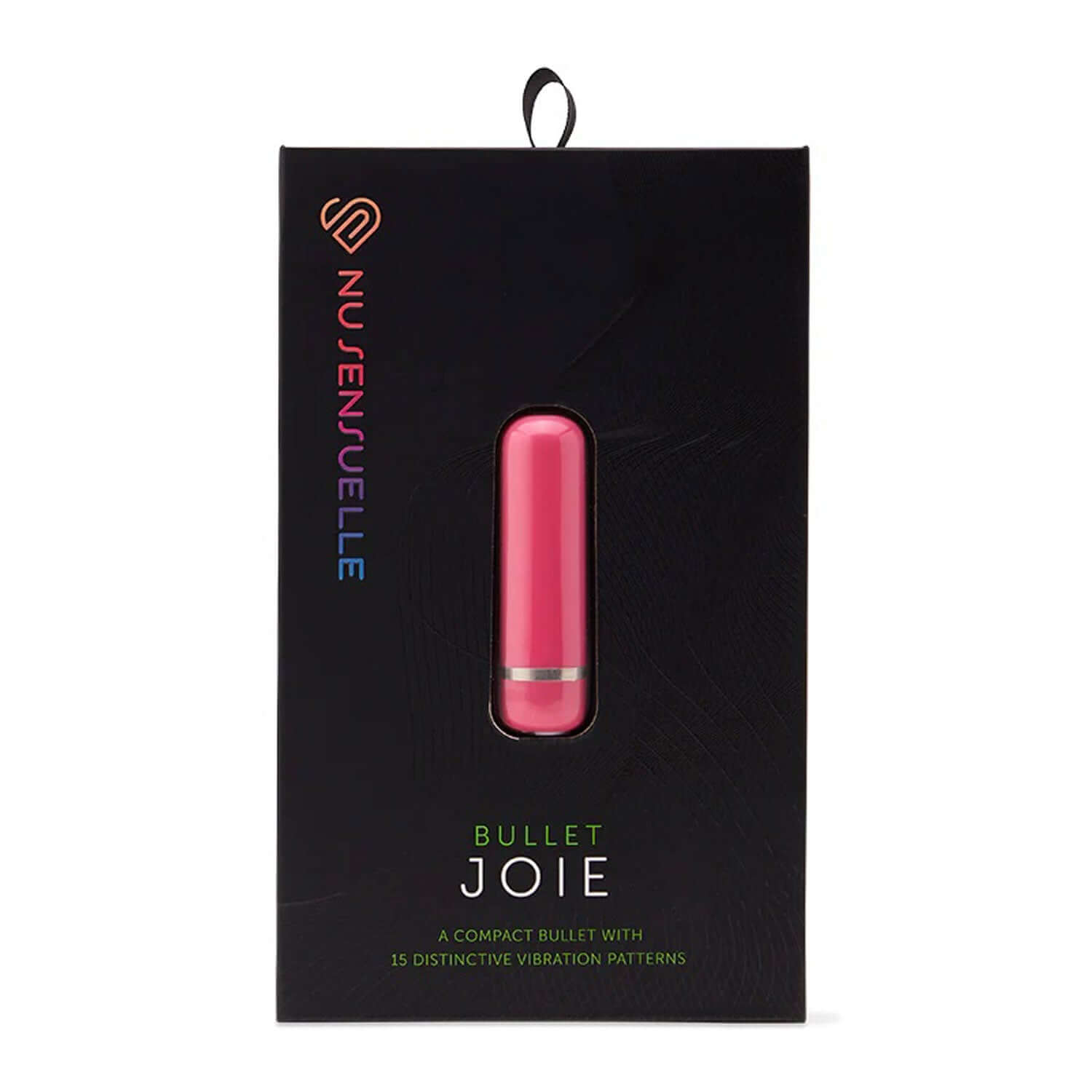 Nu Sensuelle Joie Bullet in packaging, featuring pink color and 15 vibration patterns, ideal for moderate spine-tingling power.