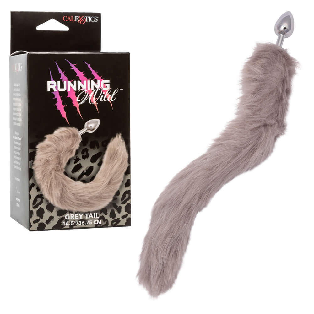 Running Wild Tail Anal Plug - Grey with luxurious long tail for exotic pleasure, seamless metallic probe, and boxed packaging.