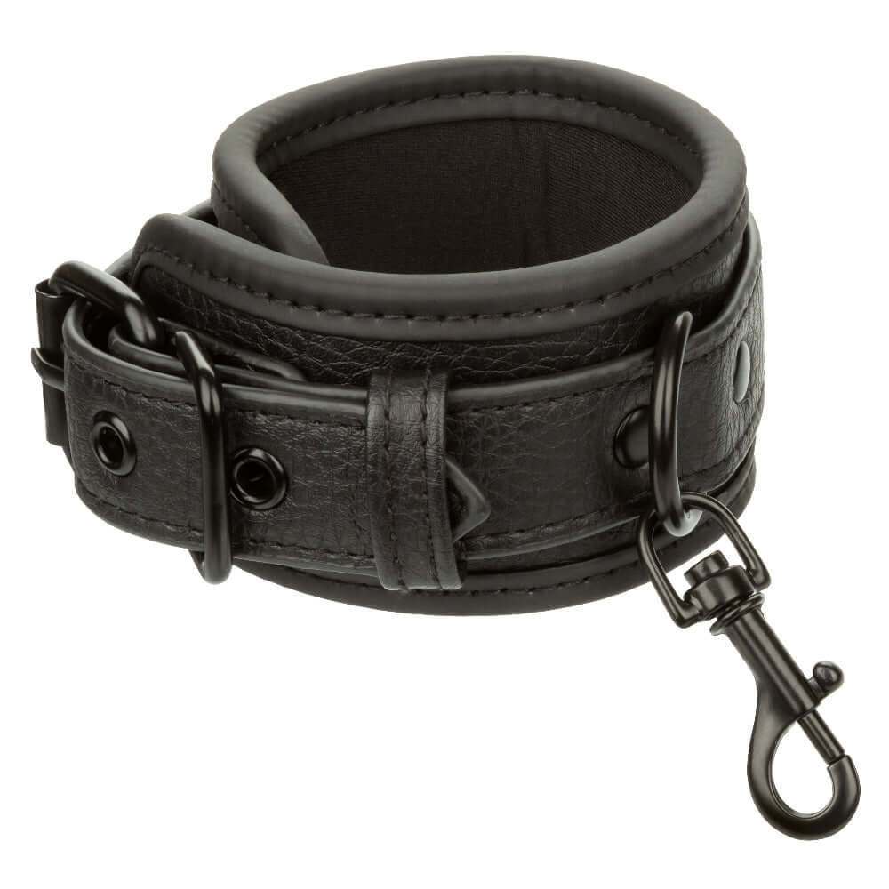 Black Nocturnal Collection Wrist Cuffs with buckle closure and heavy-duty metal chain for secure and stylish restraint.