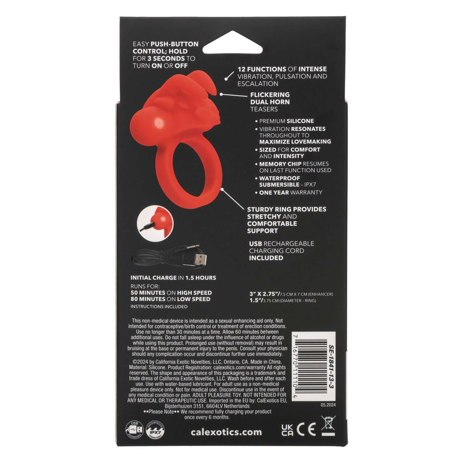 Red Silicone Rechargeable Cock Ring Matador packaging with product features and details, showcasing 12 vibration functions.