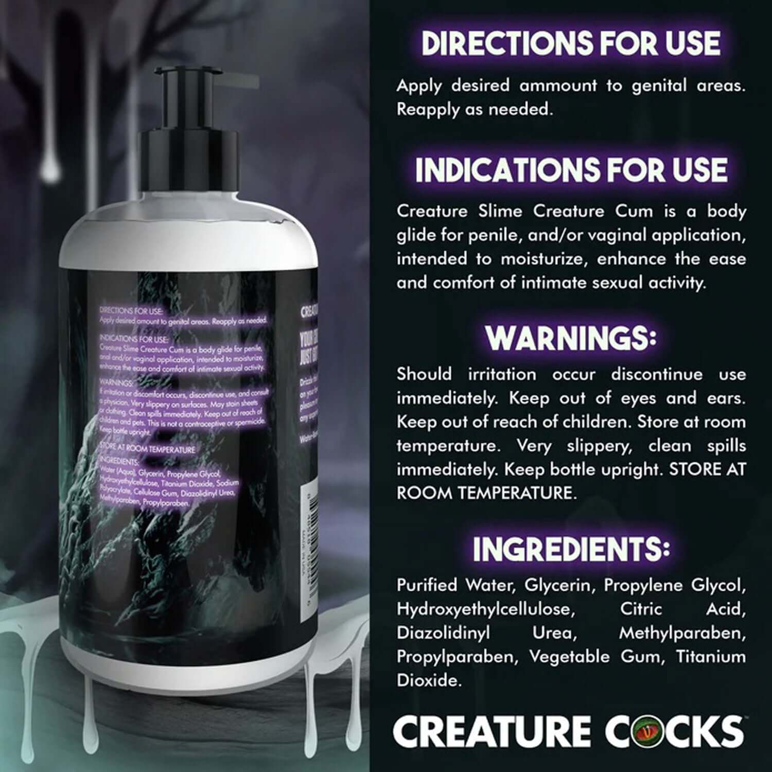 Directions, indications, warnings, and ingredients for Creature Cocks Creature Slime Creature Cum lubricant featuring a pump bottle.