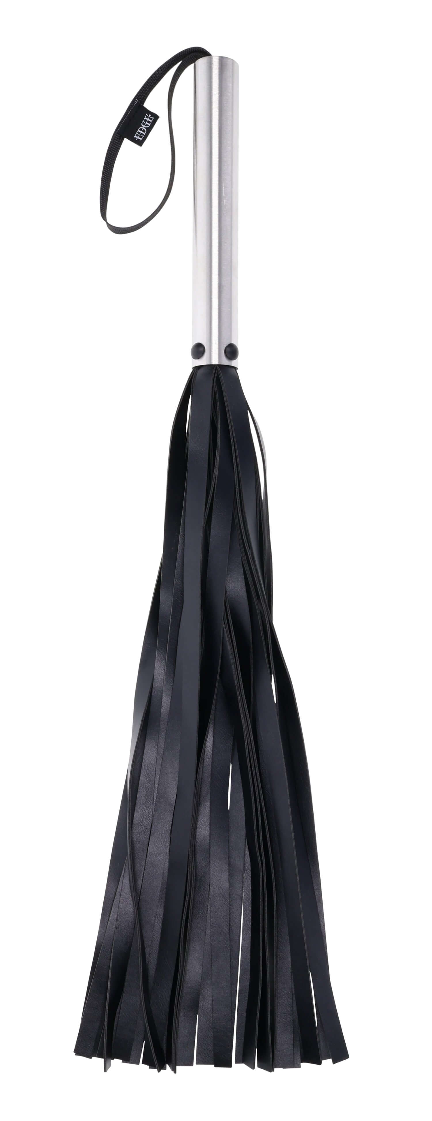 Edge Flogger in black faux leather with stainless steel handle for impact play and precise control.