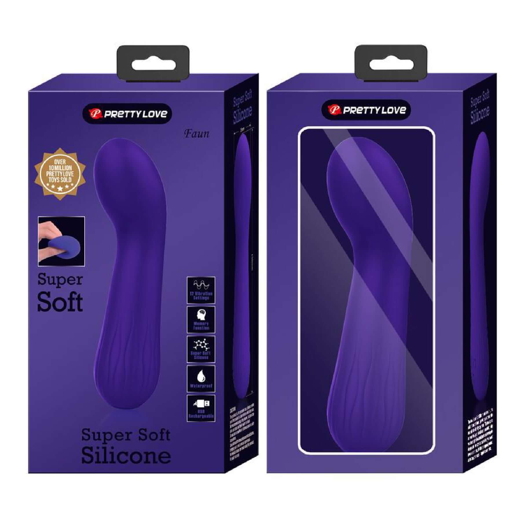 Faun Rechargeable Vibrator in purple packaging showing super soft silicone and curved design for G-spot stimulation.