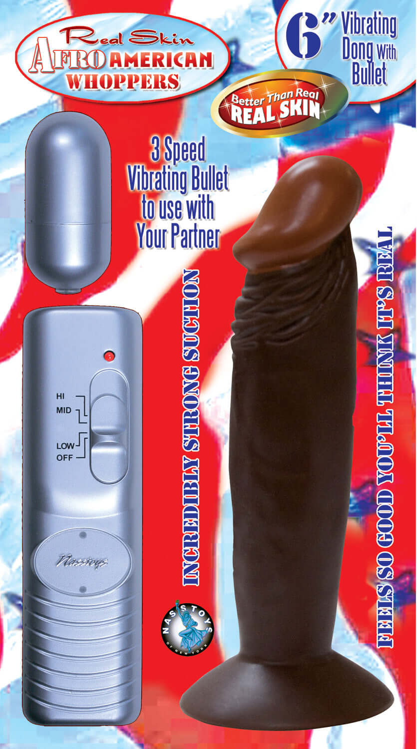 6-inch brown vibrating dong with suction cup, 2-inch vibrating bullet, 3-speed control, real skin material, and dual jack compatibility.