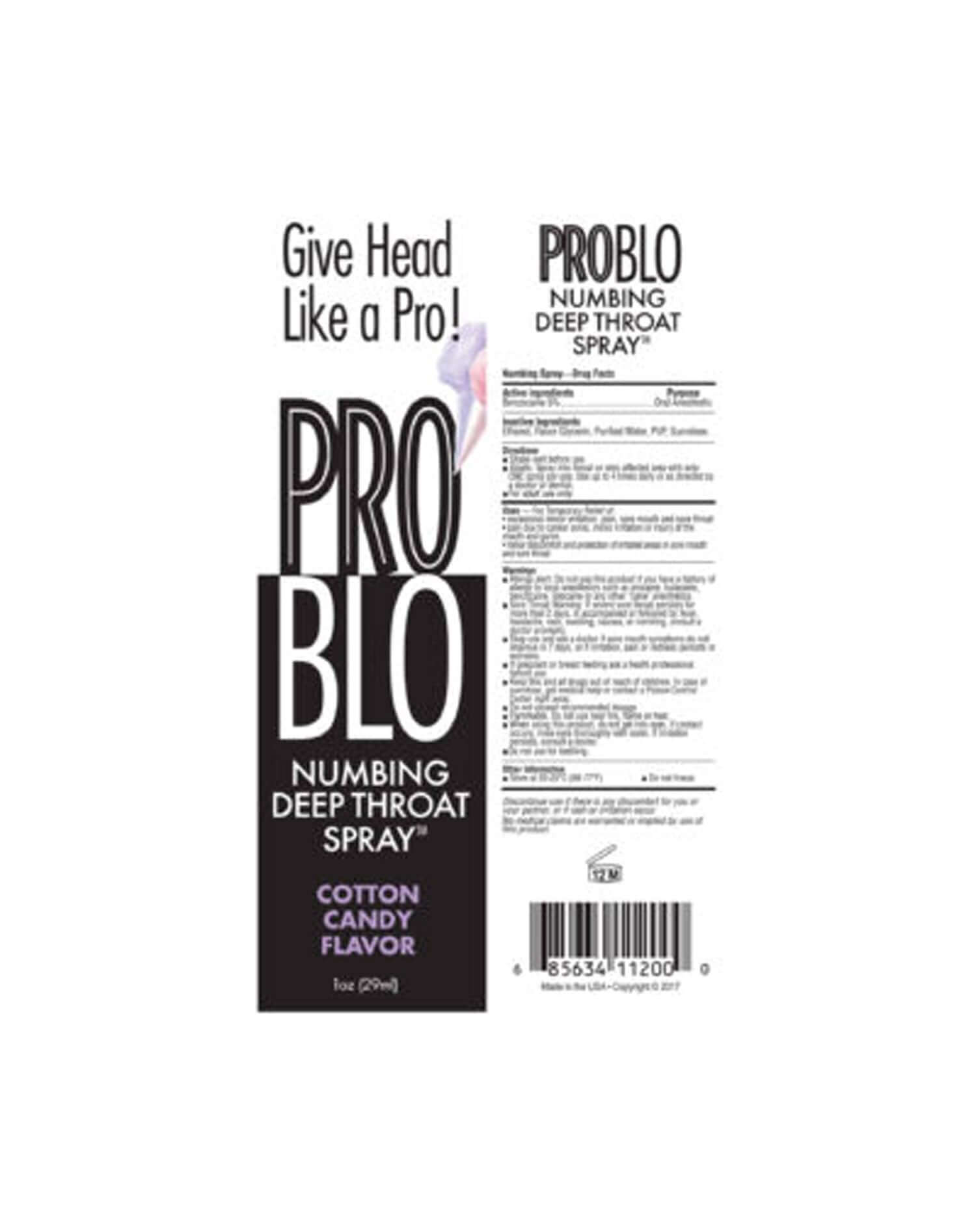 Pro Blo Cotton Candy Throat Numbing Spray 1 oz, oral desensitizer packaging, reduces gag reflex, made in the USA.