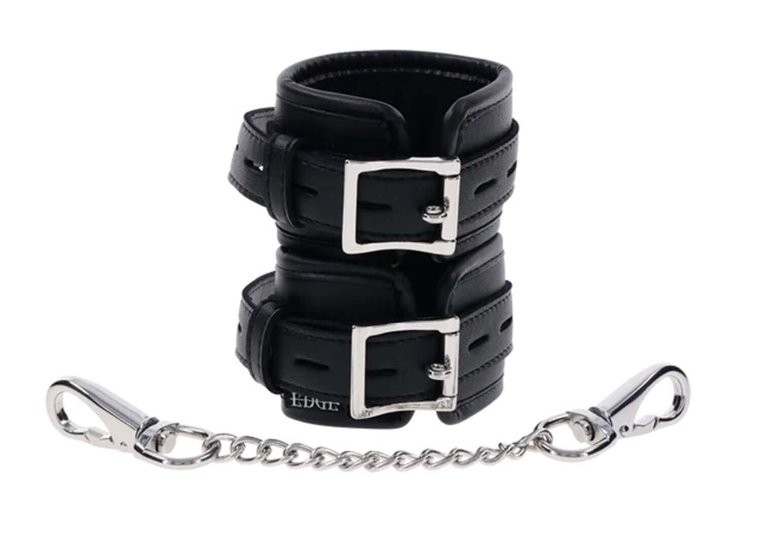 Edge Handcuffs in black with padded design, silver metal hardware, and adjustable buckle closures for comfort and security.