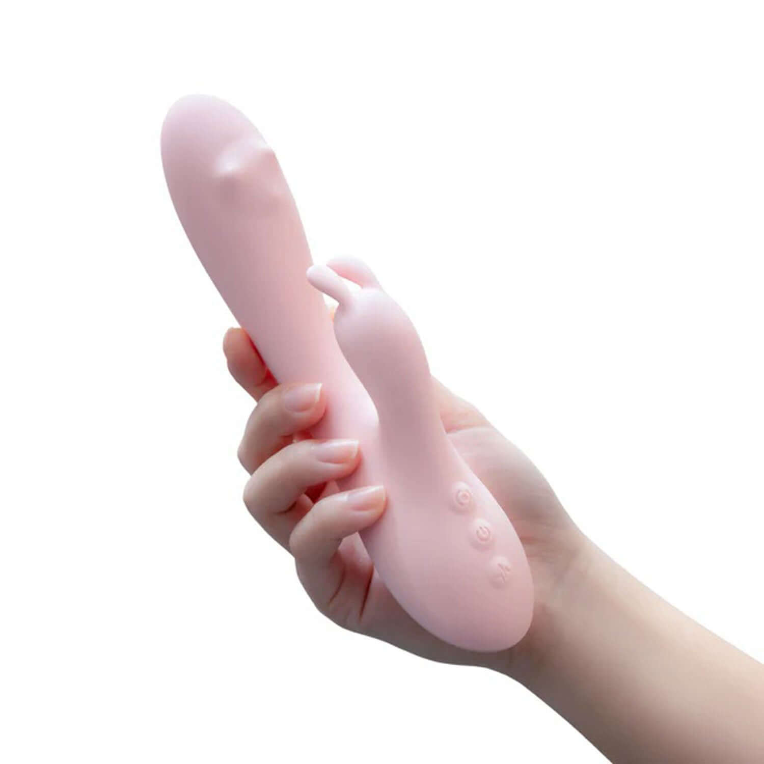 Play With Me Fairy Flutter pink rabbit massager held in hand, showcasing its smooth and curved flexible shaft for G-spot and clitoral pleasure.