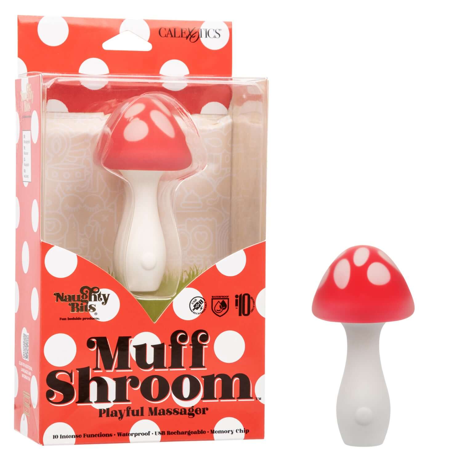 Naughty Bits Muff Shroom Playful Massager in red packaging, showcasing its mini design and fun mushroom shape.