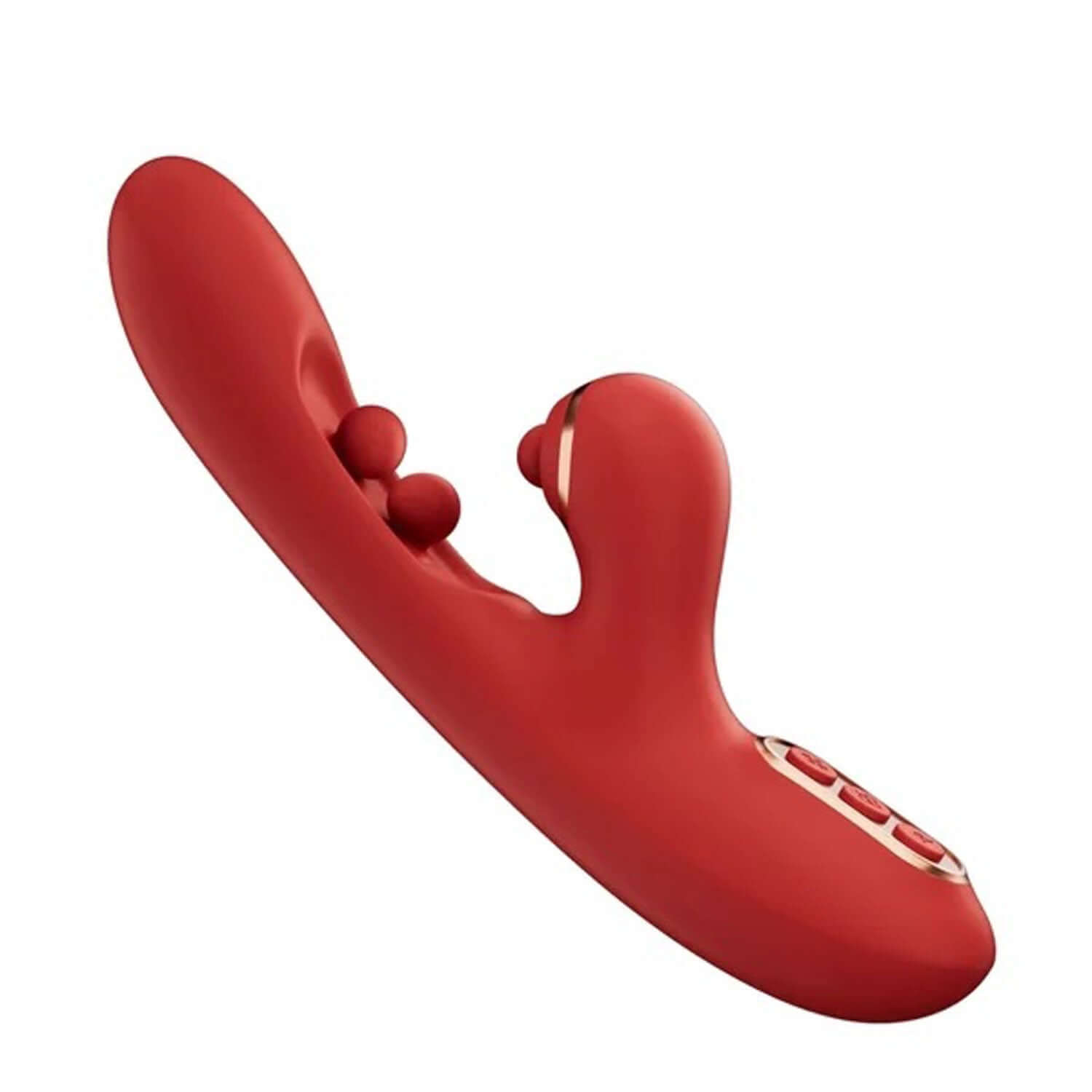 Red G-Spot vibrator with ergonomic design featuring wiggling motions and clitoral teaser for enhanced pleasure.