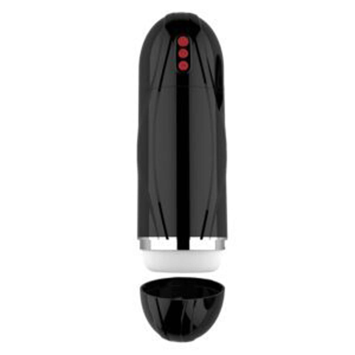 Vibrating Cocksucker Male Masturbator black, with cap removed, featuring power and function buttons.