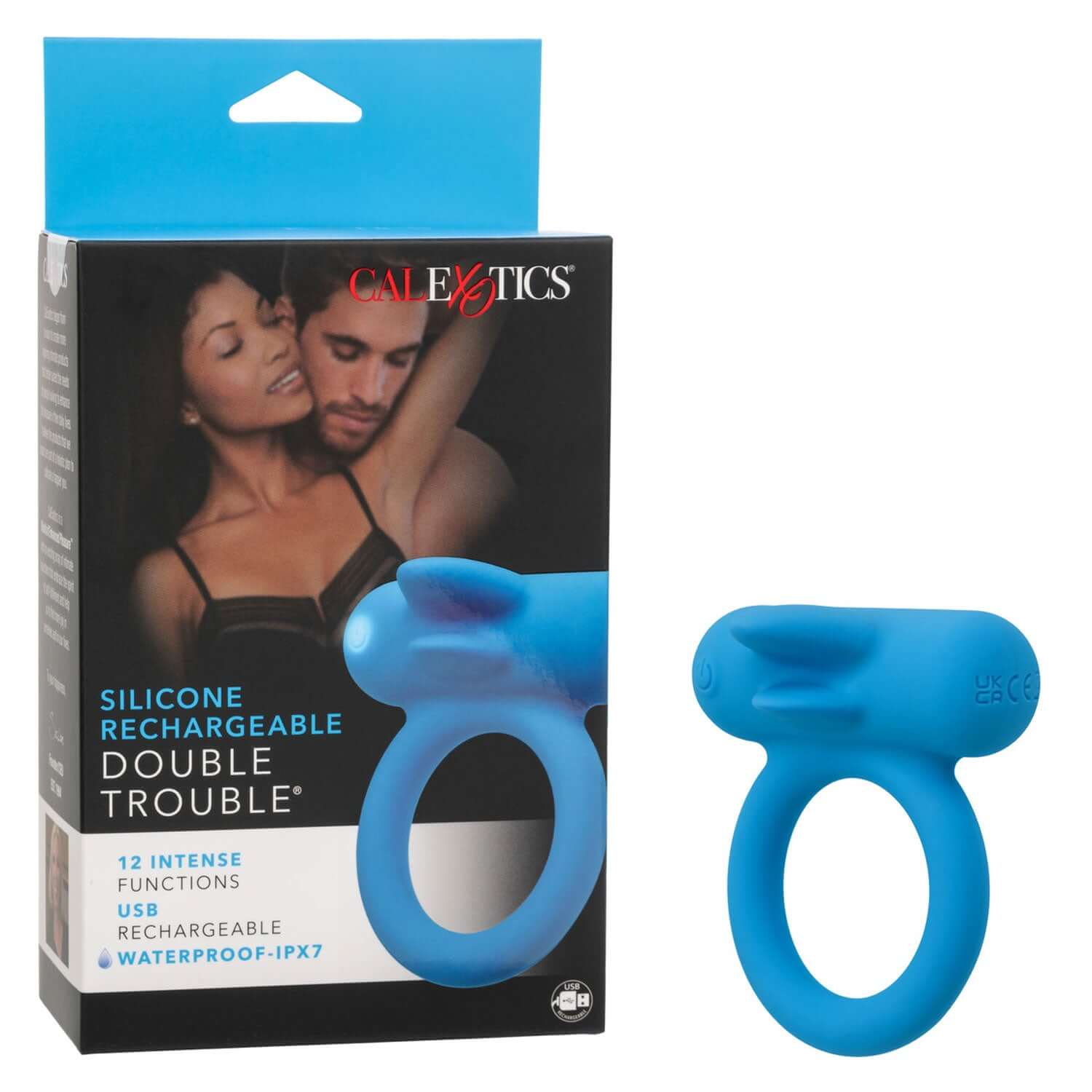 Blue Silicone Rechargeable Double Trouble Ring with packaging showing 12 functions, USB rechargeable, waterproof IPX7.