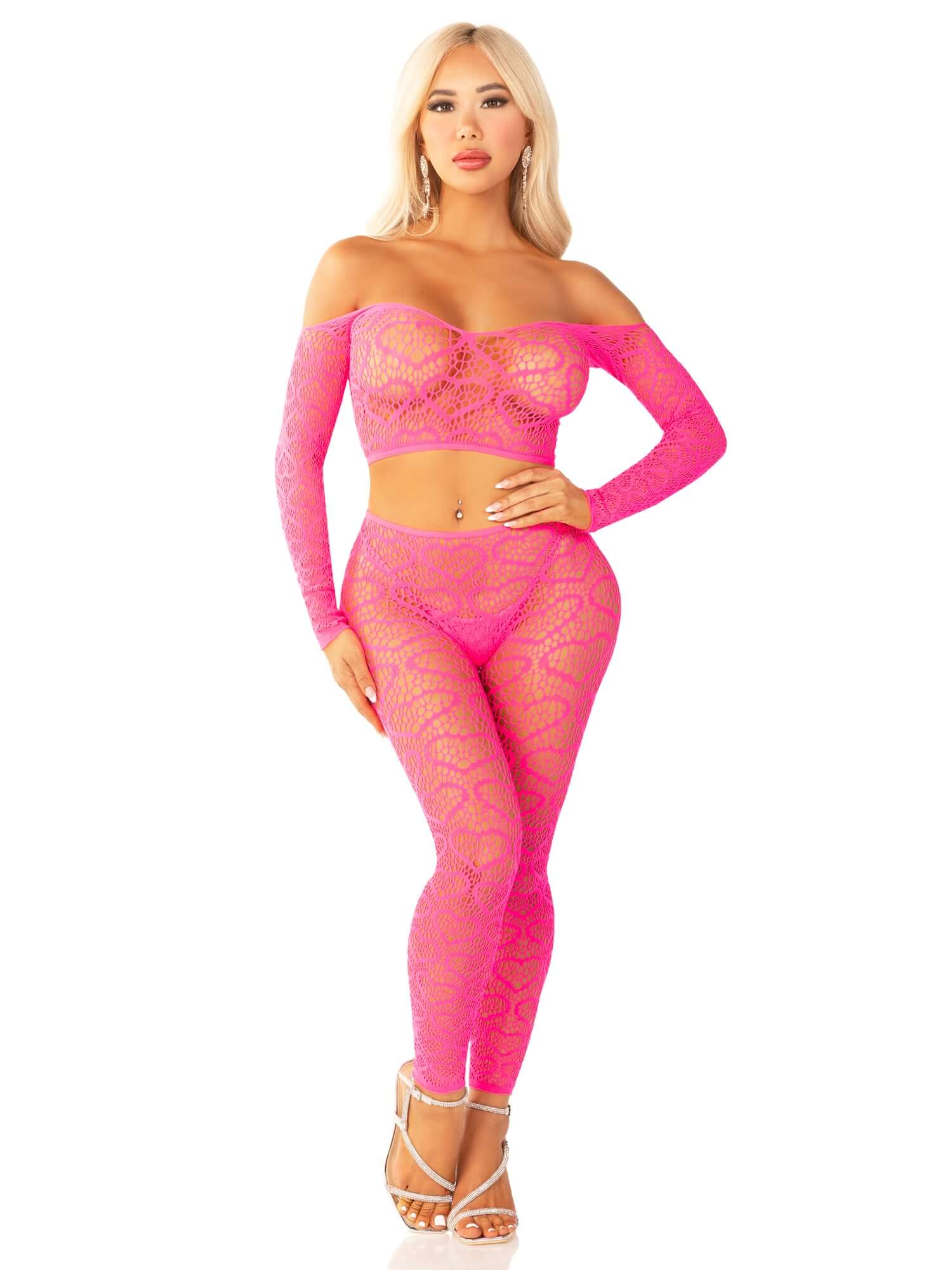 Pink off-shoulder crop top and footless tights by Leg Avenue, heart net design, nylon-spandex blend, one size fits most.