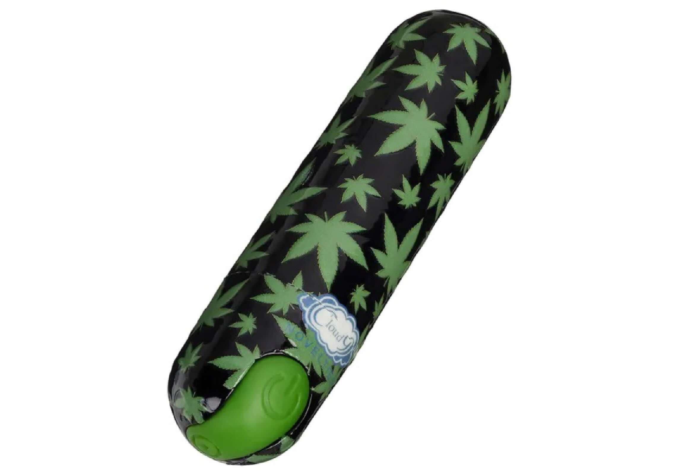 420 Stubby Vibe black and green cannabis leaf rechargeable bullet vibrator from Cloud 9 Novelties with 10 vibration speeds.