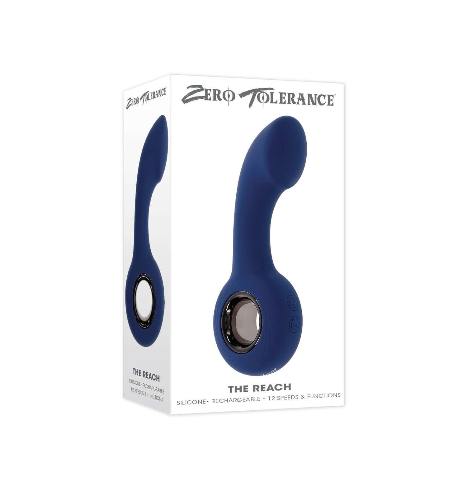 Blue Reach Anal Vibrator box showcasing flexible design, ringed handle, and features like waterproof and rechargeable.