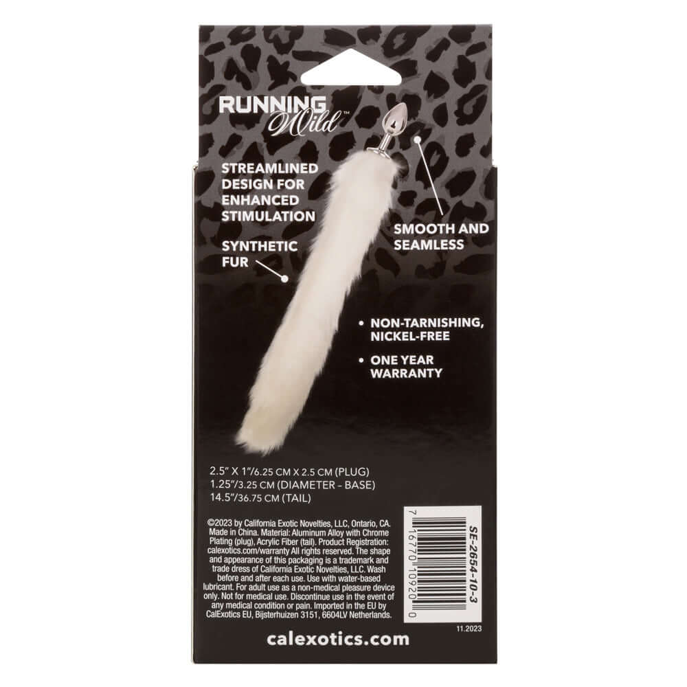 Packaging of Running Wild Tail Anal Plug - White with streamlined design, smooth seamless surface, synthetic fur, and non-tarnishing nickel-free probe.