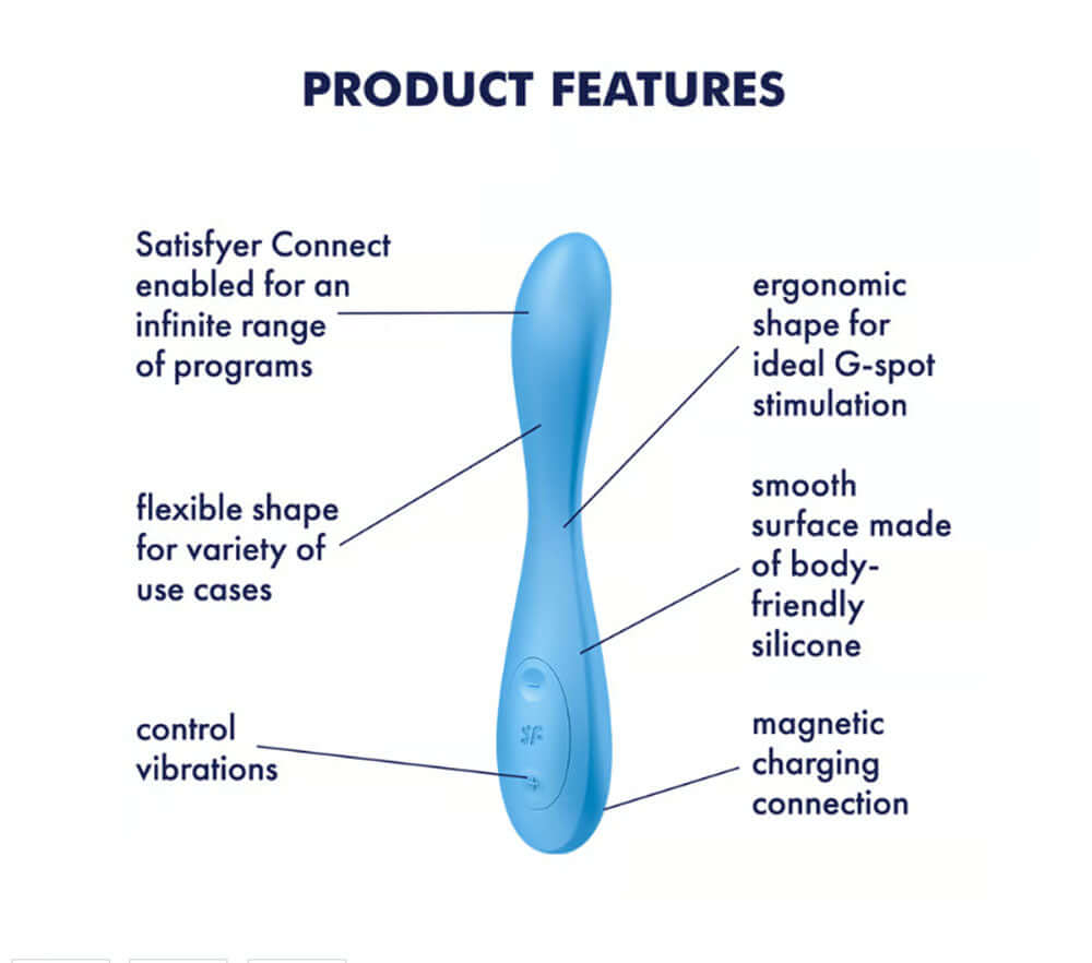 Satisfyer G-Spot Flex 4 features: ergonomic design, flexible shape, body-friendly silicone, control vibrations, magnetic charging.