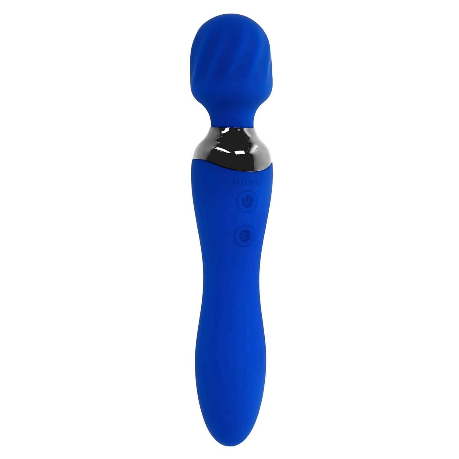 Blue Belle Wand Massager with textured head, dual motors, USB rechargeable, splashproof design, made of silicone and ABS.