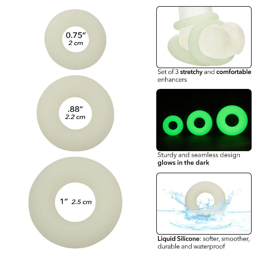 Alpha Glow-in-the-Dark Liquid Silicone 3 Ring Set - White, dimensions and features, stretchy and comfortable enhancers, durable and waterproof