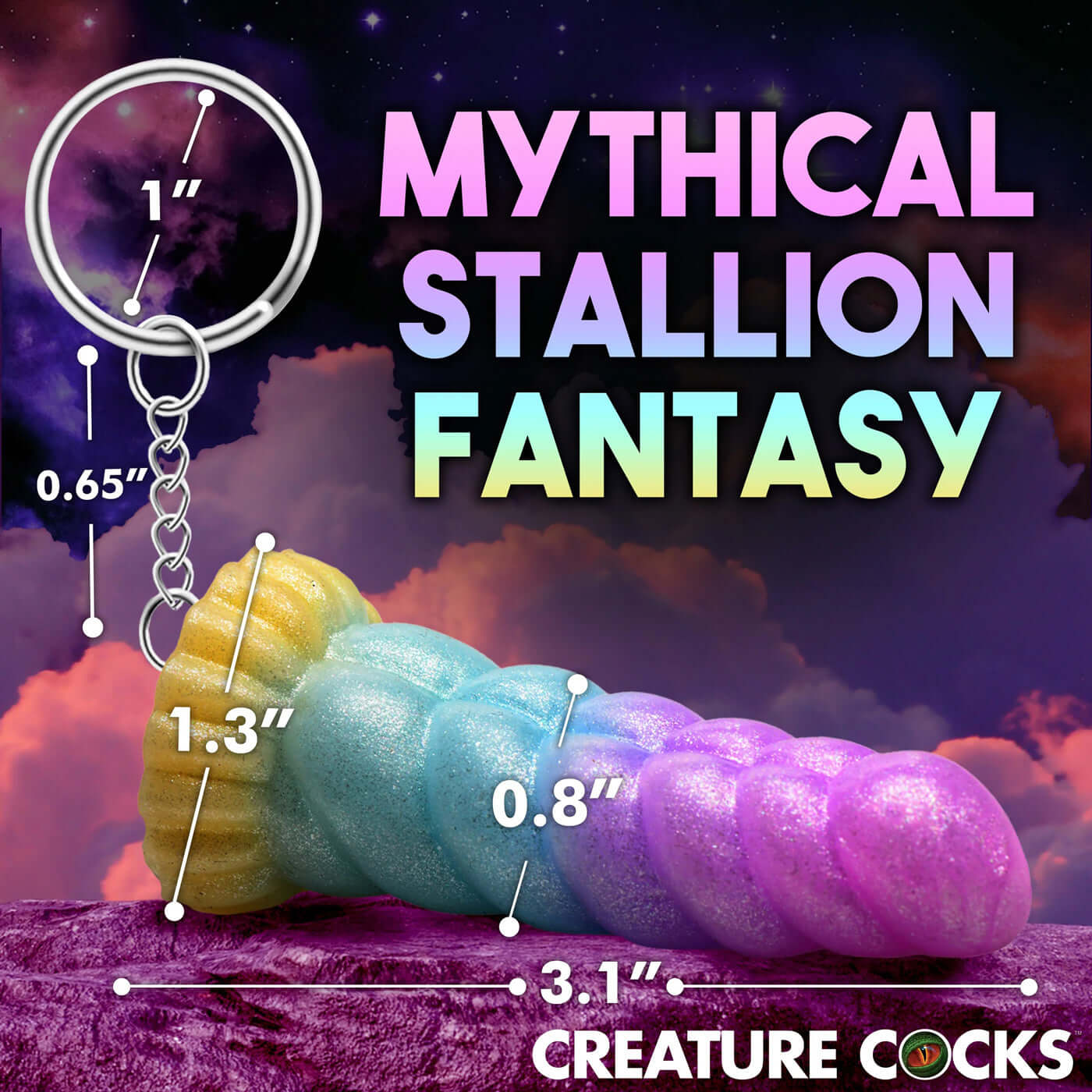 Pastel colored Mystique Unicorn Keychain with dimensions shown, featuring text "Mythical Stallion Fantasy" and "Creature Cocks" logo.