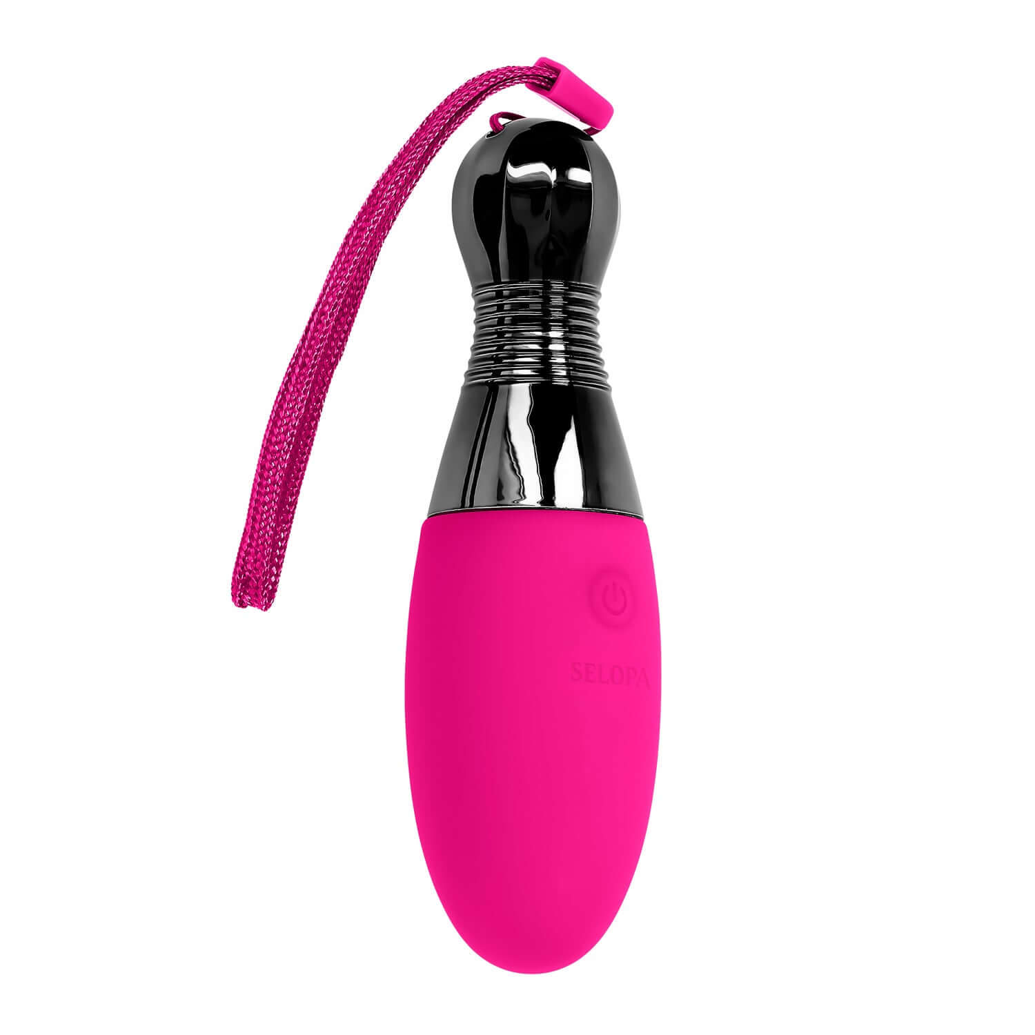 Pink companion bullet vibrator with chrome-finished handle and safety retrieval cord, showcasing sleek silicone design.