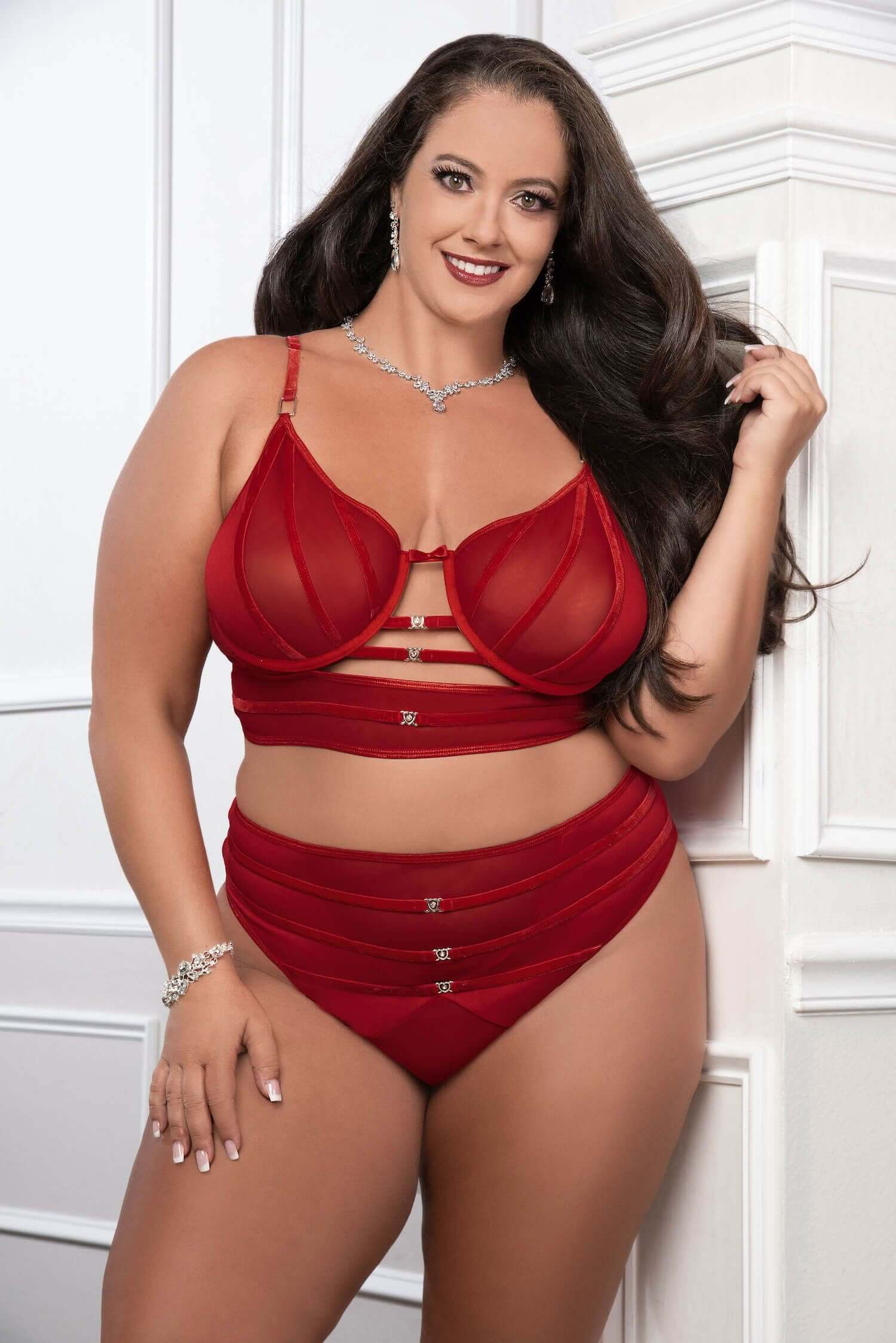 Cinnamon Red 2pc Satin Bra and High Waist Panty with lace mesh and heart charm details, Queen Size lingerie set display.