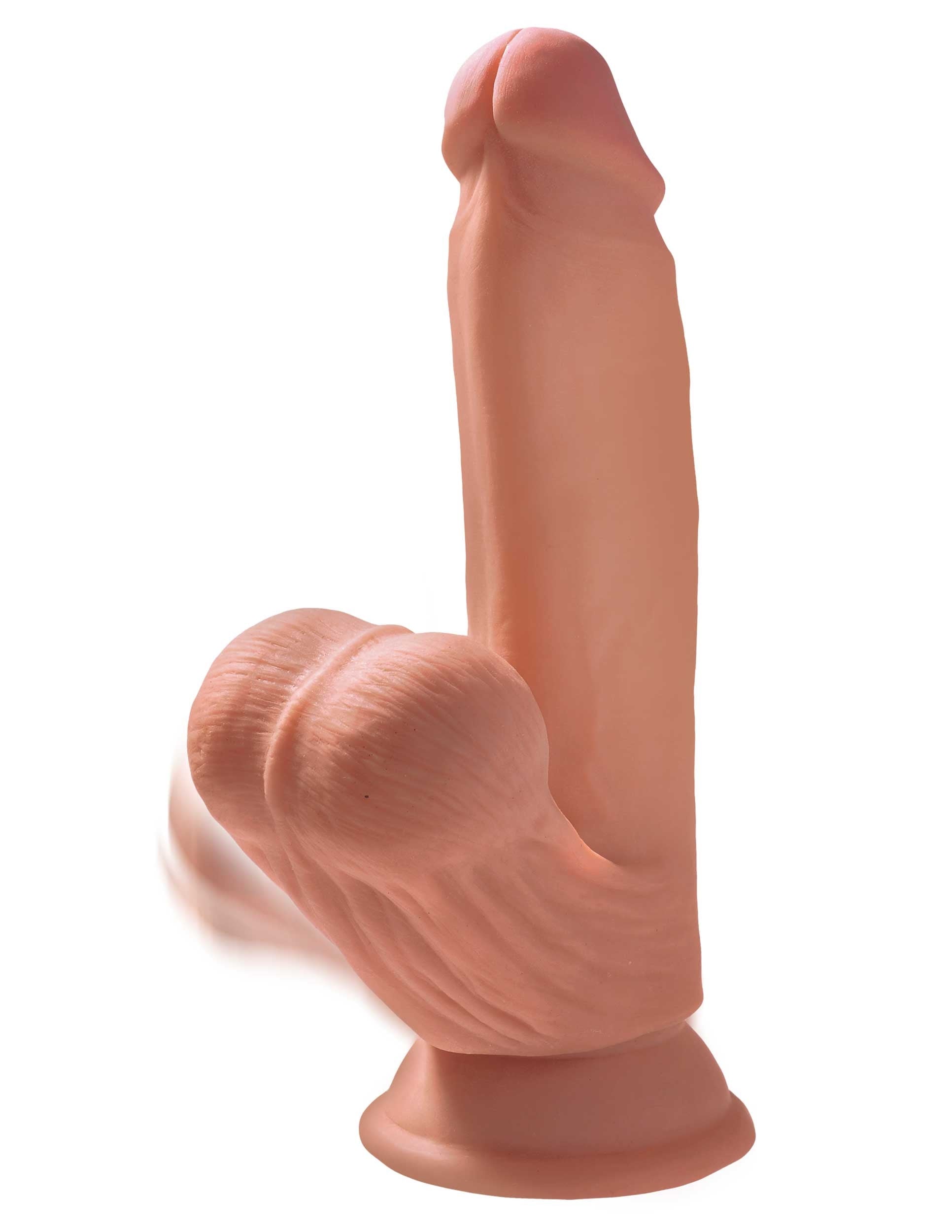 7 inch tan dildo with swinging balls, made from soft Fanta Flesh® material, showcasing realistic design and texture.