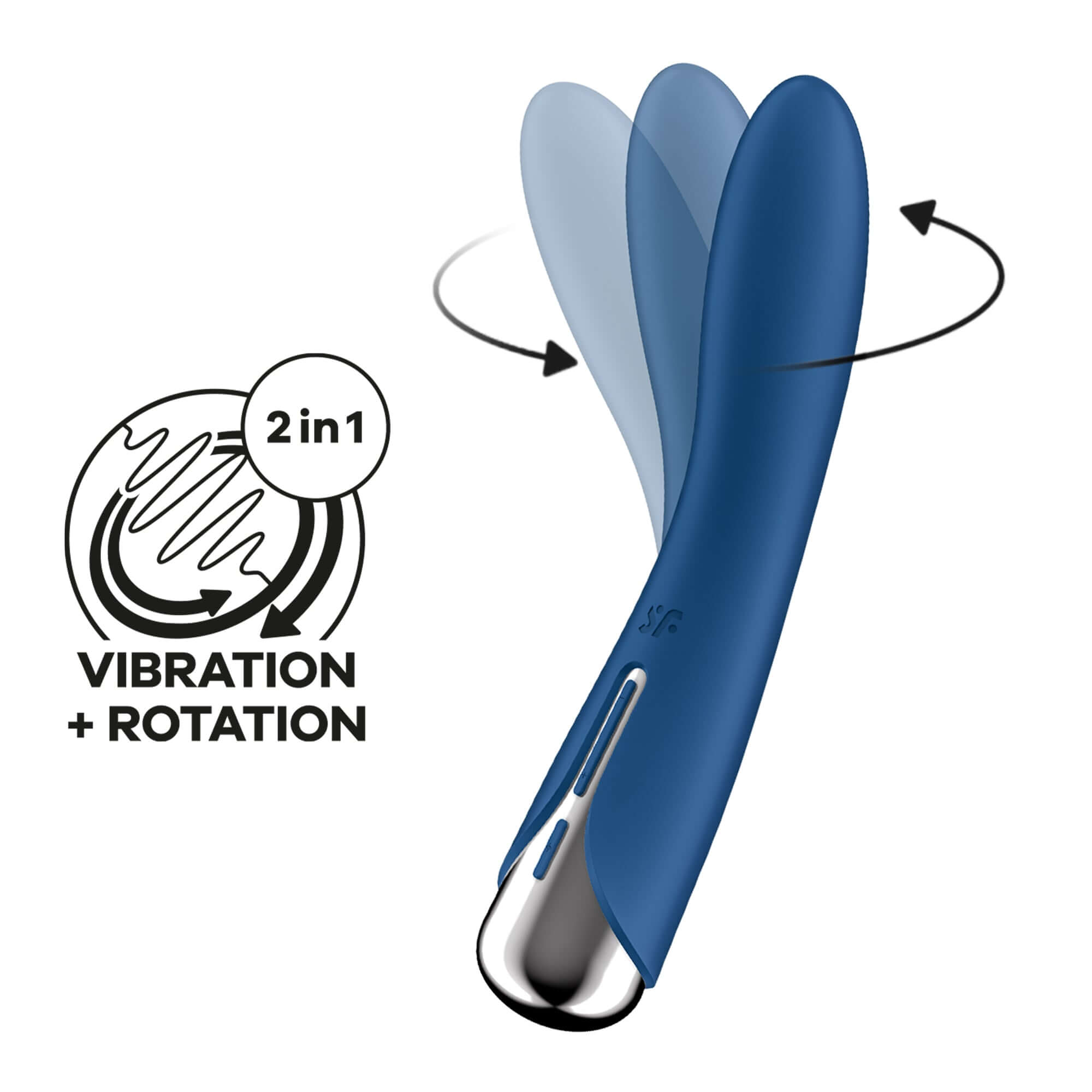 Satisfyer Spinning Vibe 1 in blue with rotating head for G-spot stimulation, featuring vibration and rotation functionalities.