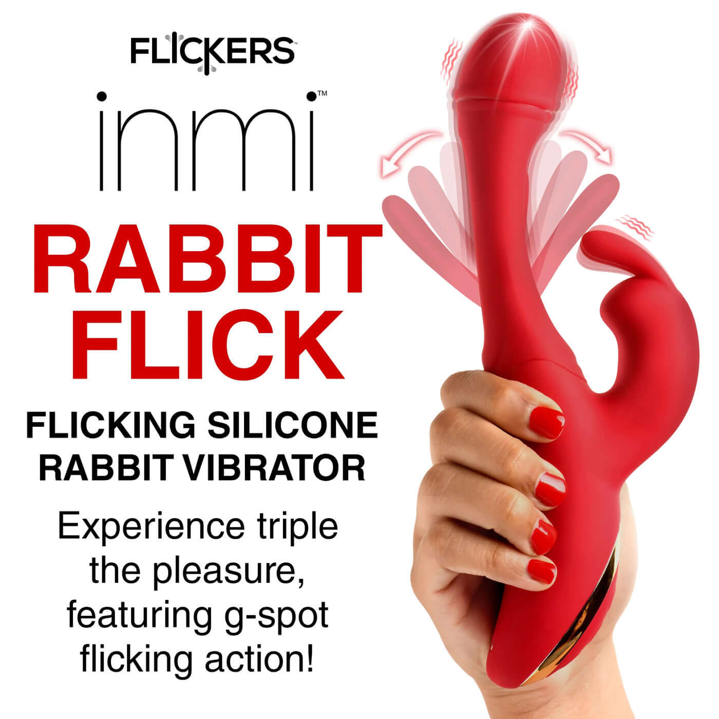 Red Rabbit Flick Flicking Silicone Rabbit Vibrator with G-spot targeting and powerful vibrations held in hand.