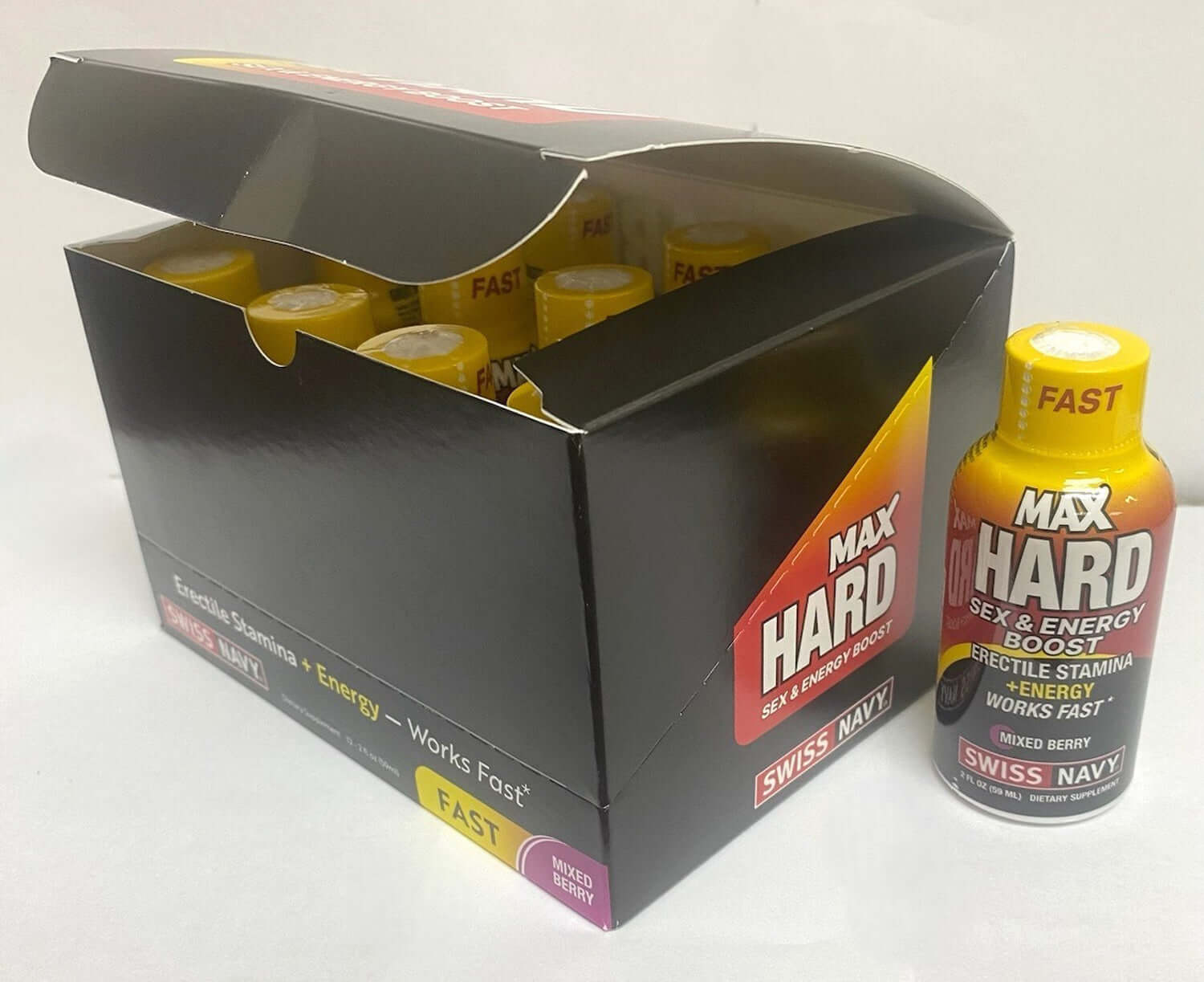 Max Hard 2oz Display box featuring 12 bottles of Swiss Navy Max Hard Sex & Energy Boost in Mixed Berry flavor.