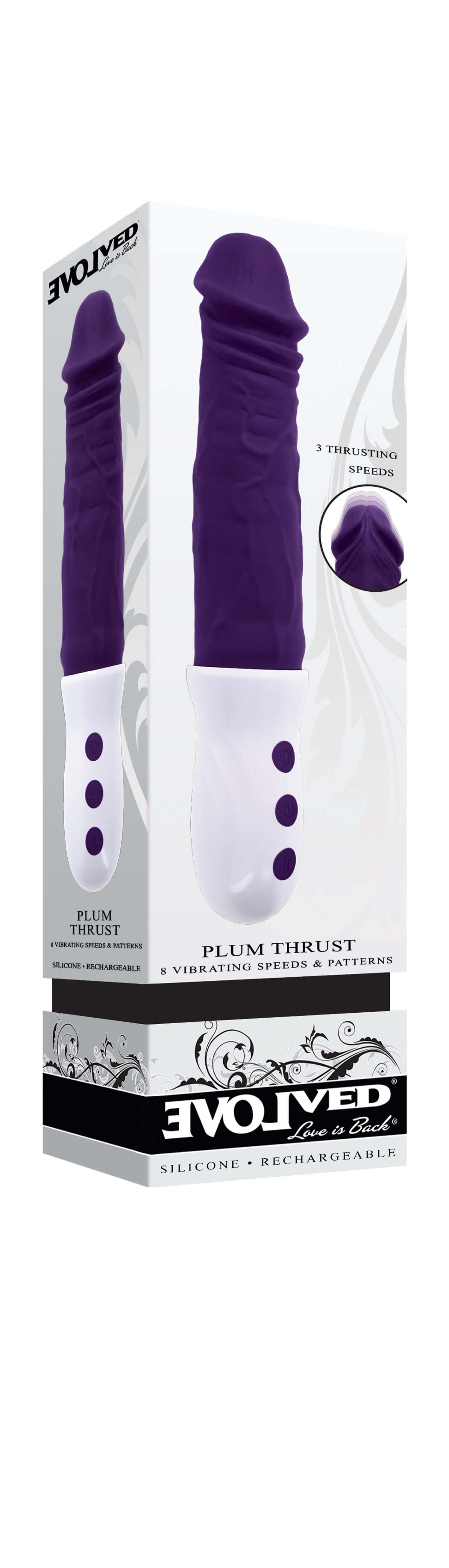 Evolved Plum Thrust Vibrator in purple packaging showcasing its realistic design and thrusting capabilities.