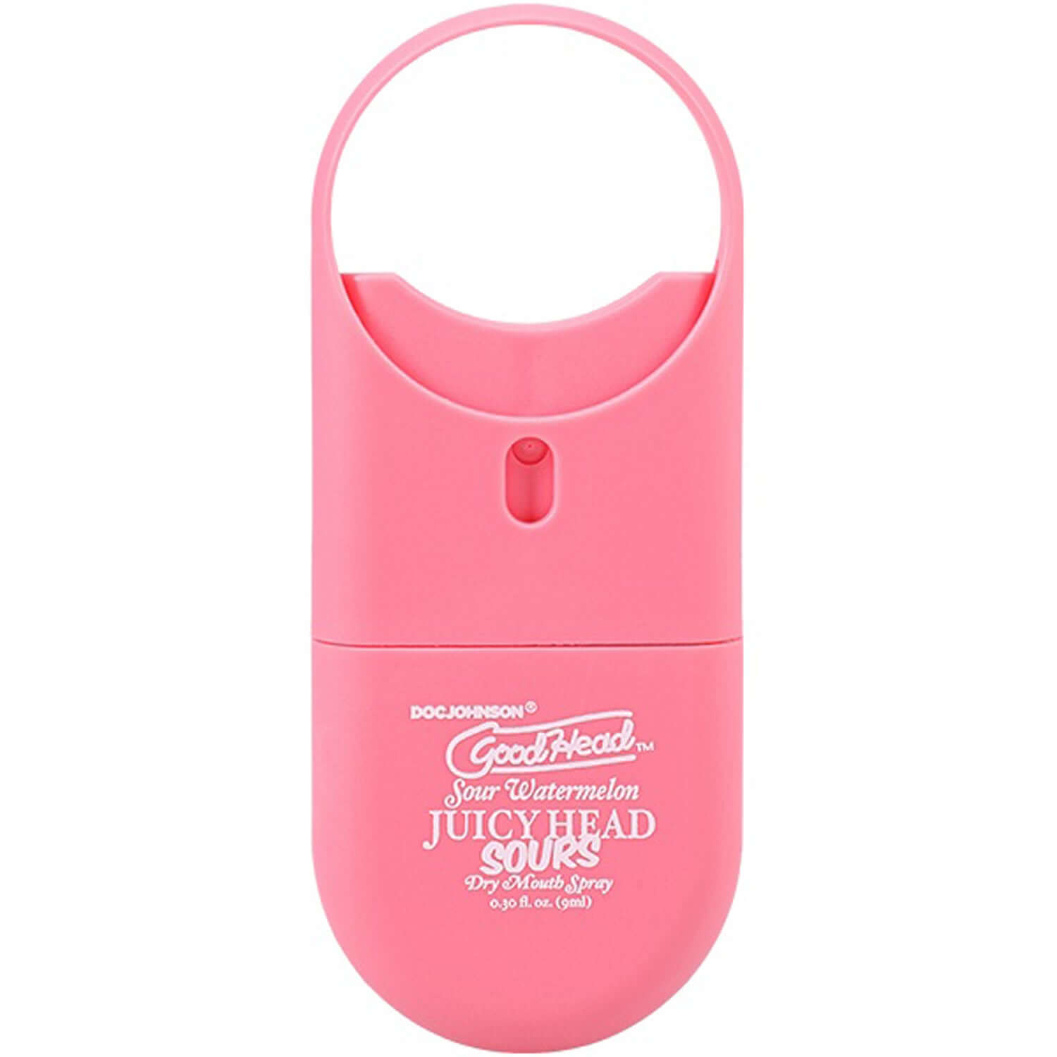 Goodhead Juicy Head Dry Mouth Spray in Sour Watermelon flavor, .30 oz travel-size bottle, pink design for fresh breath.