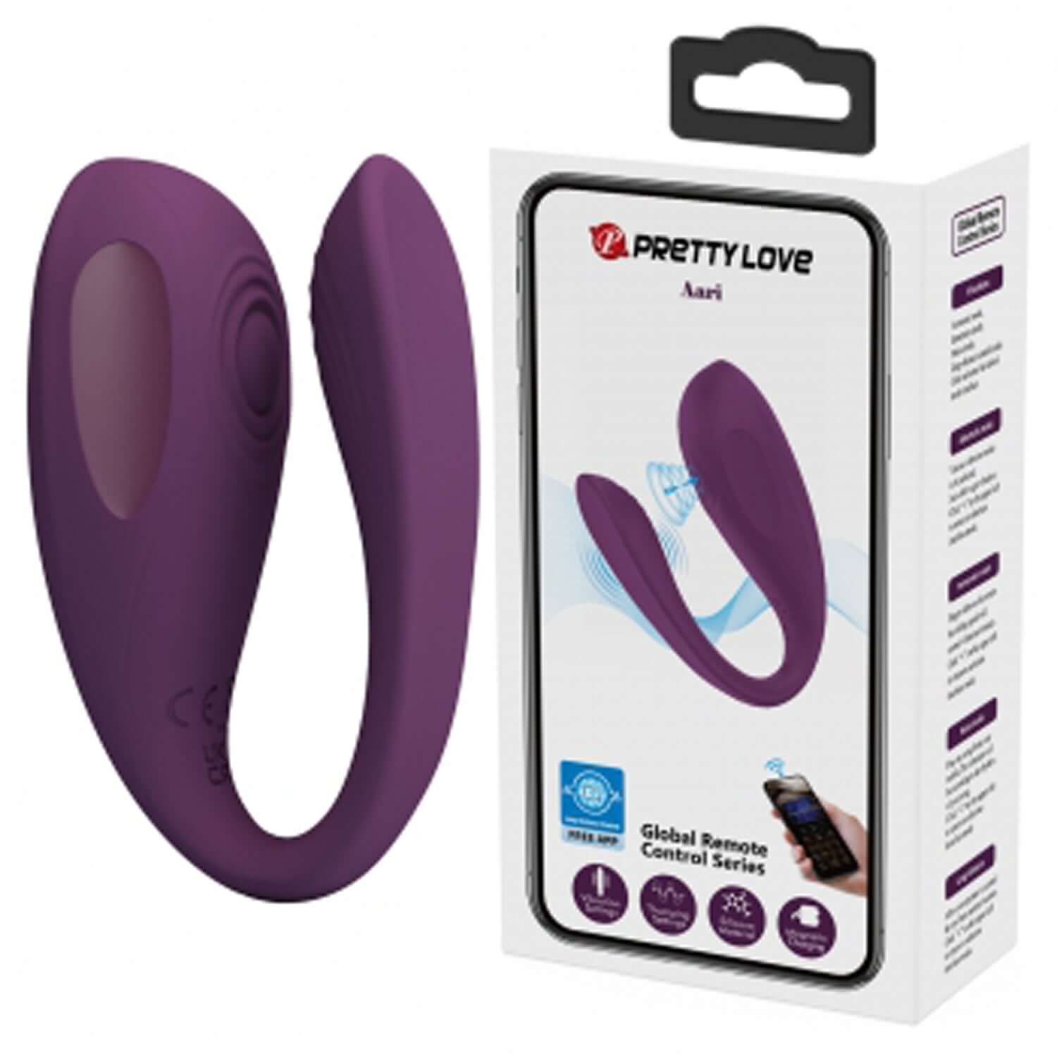 Aari Global App Control Vibrator in purple, featuring 10 vibration functions and a sleek design for intense pleasure.