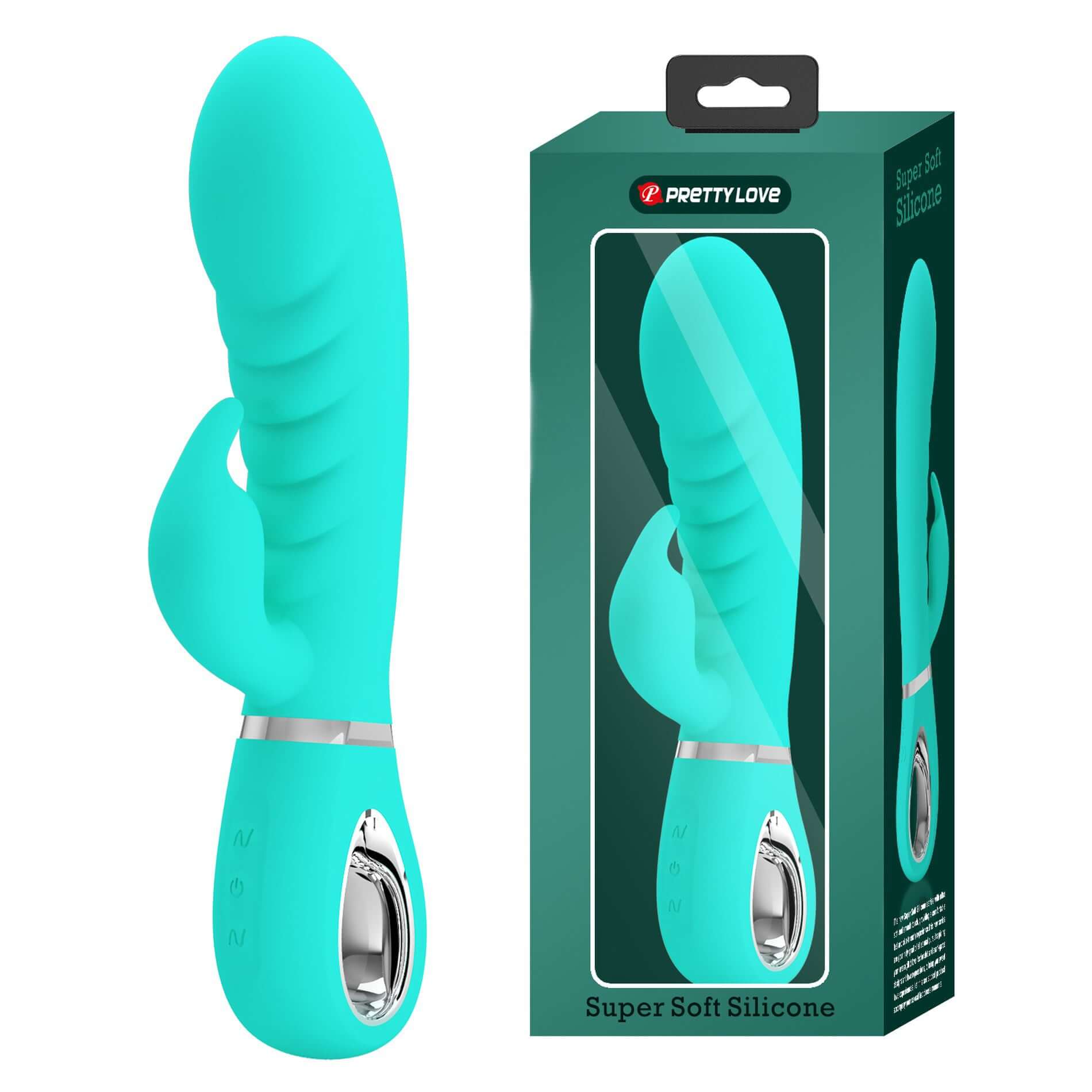 Prescott Super Soft Rabbit Silicone Vibrator in Teal with packaging, featuring ultra-soft touch and smooth feel for a comfortable, skin-friendly experience