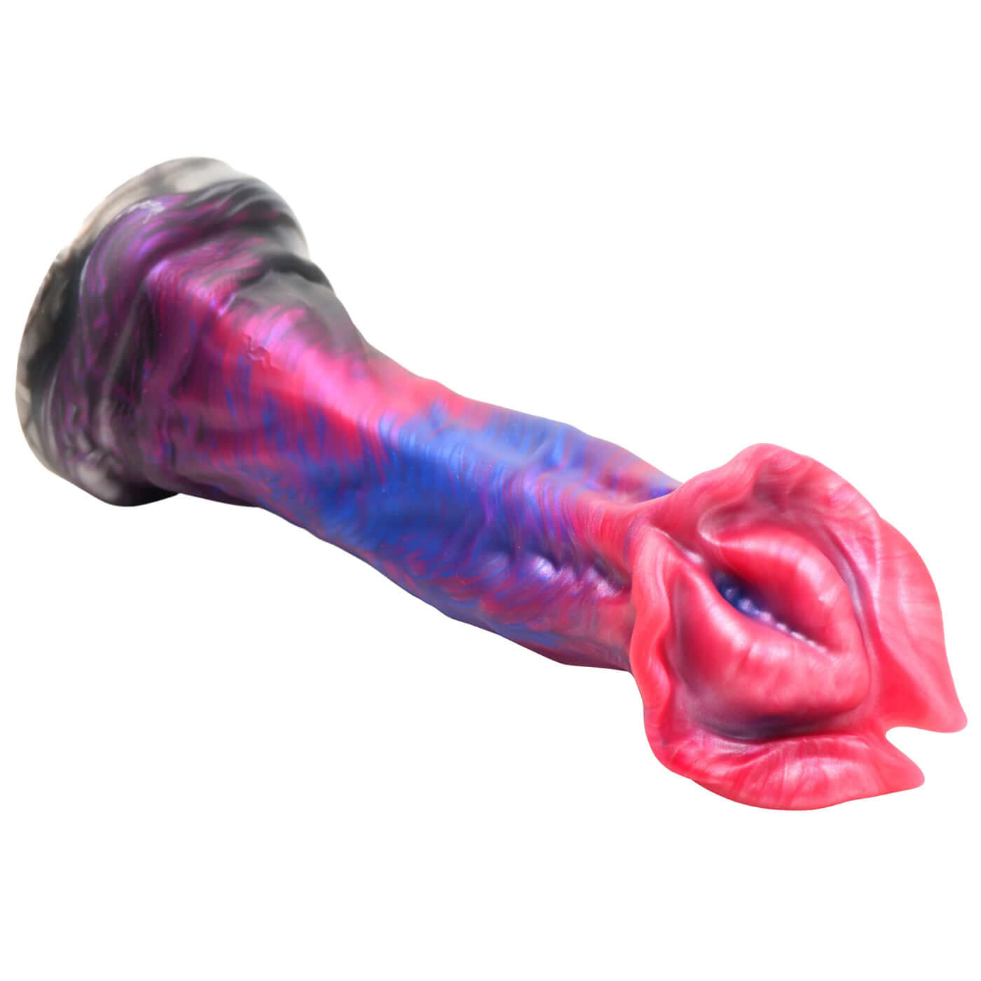 Demogorgon silicone dildo with fearsome mouth, curved shaft with ridges, and wide suction base in mix of red, blue, and black colors.