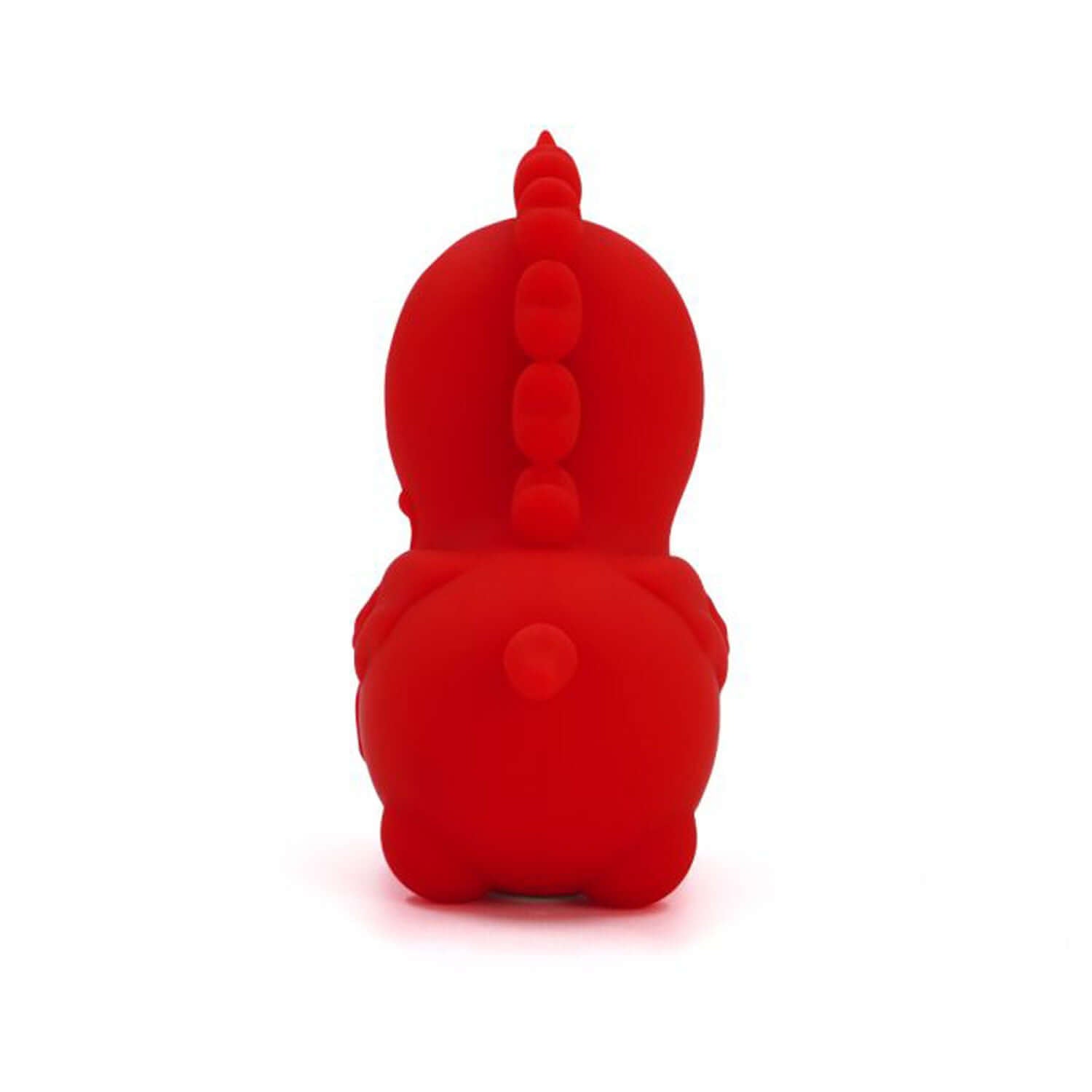 Red Unihorn Cupid with heart-themed design in soft silicone, featuring dual motors and 20 pleasure settings, rear view.