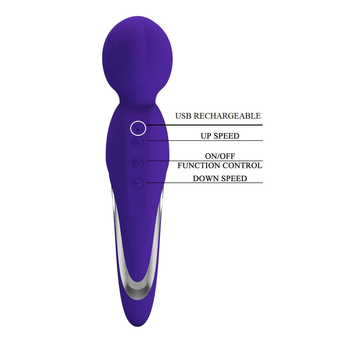 Walter Super Soft Silicone Wand Violet with control buttons for USB recharge, speed, and function control