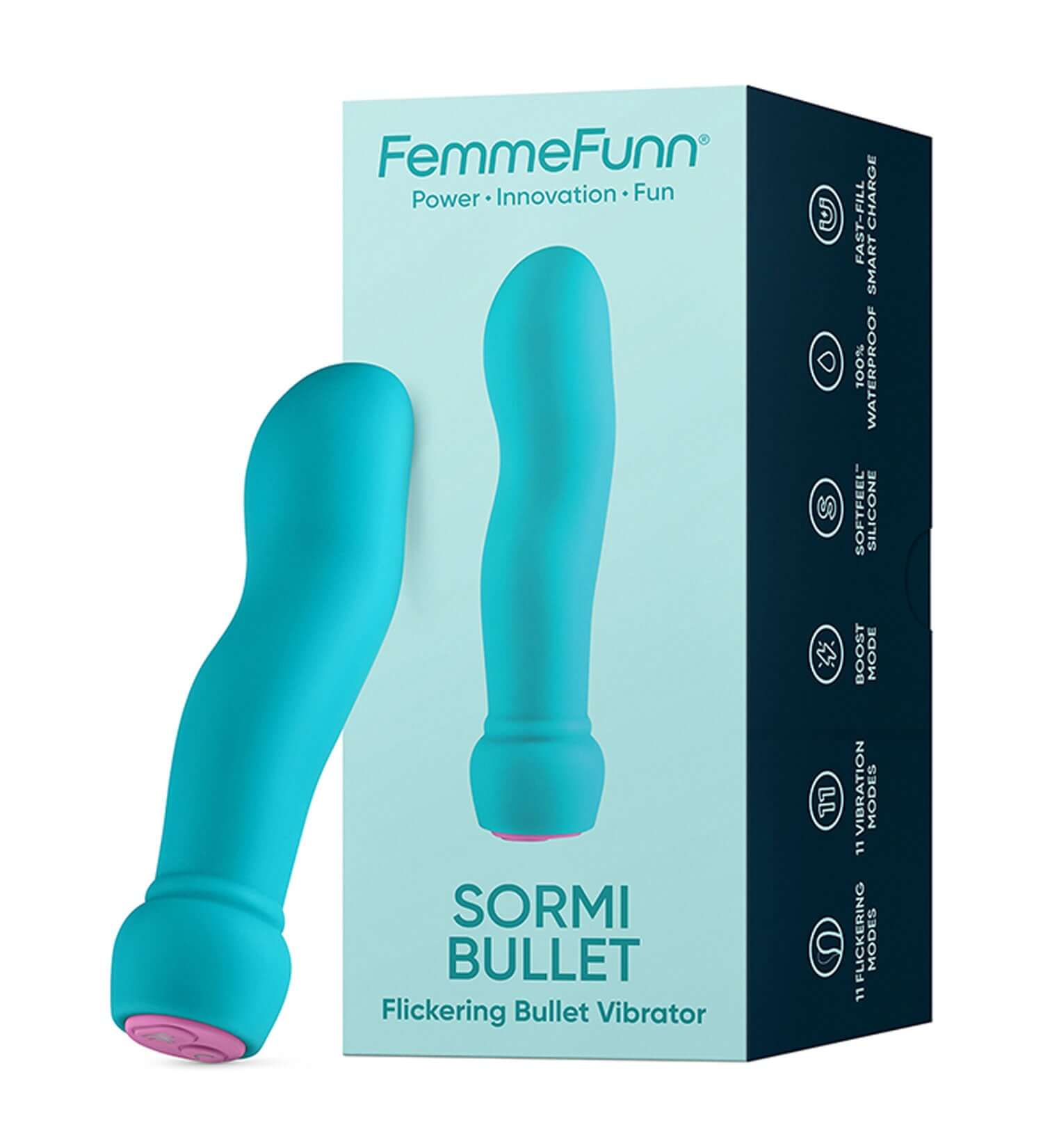 Turquoise Sormi Bullet Vibrator with box, featuring multiple flickering and vibration modes, waterproof design, and soft silicone.