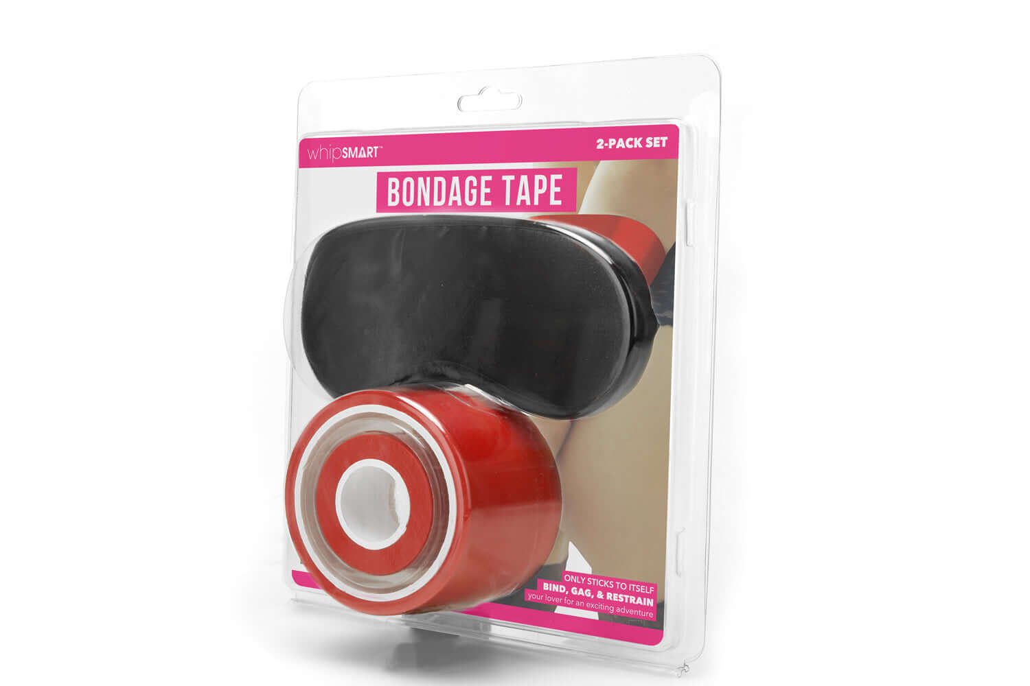 Whipsmart 100ft red bondage tape packaging featuring self-adhesive tape and black eye mask for versatile restraint play.