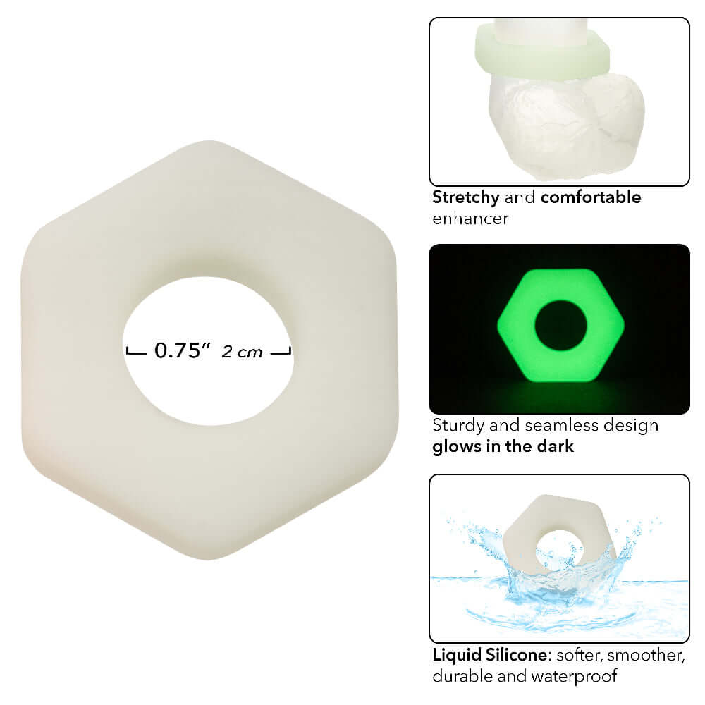 Alpha Glow-in-the-Dark Liquid Silicone Prolong Sexagon Ring - White with 0.75" diameter, stretchy and comfortable, waterproof.