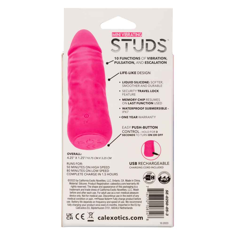 Packaging of Mini Vibrating Studs Dildo - Pink with 10 vibration functions, liquid silicone construction, and USB rechargeable feature.