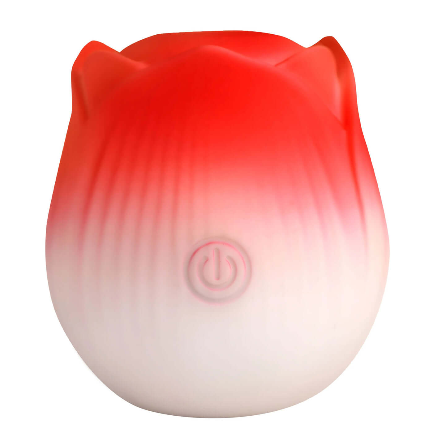 Pulsing Petals Throbbing Rose Stimulator in Red, made of silky smooth premium silicone, showing power button on the rear.