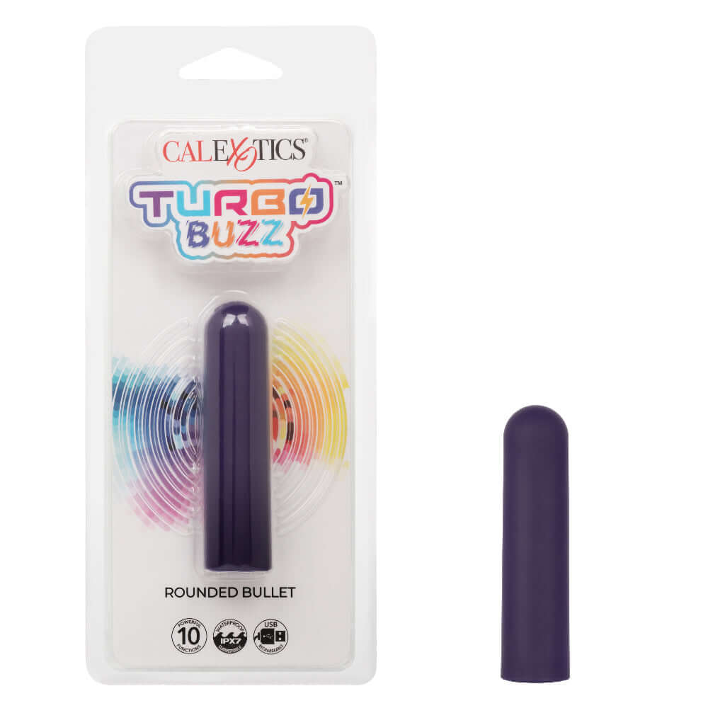 Turbo Buzz Rounded Bullet Purple Vibrator in Packaging, 10 Functions, 100% Waterproof