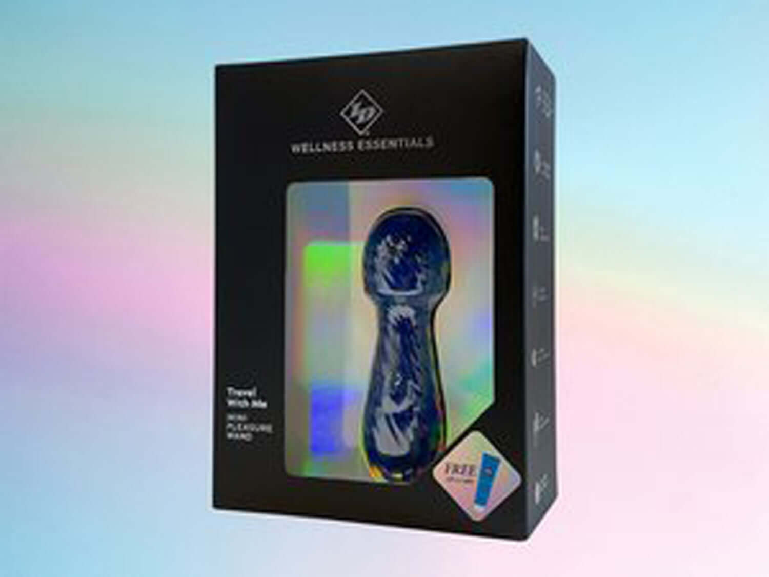 Travel With Me Mini Pleasure Wand in blue packaging, featuring holographic design and product information on box.