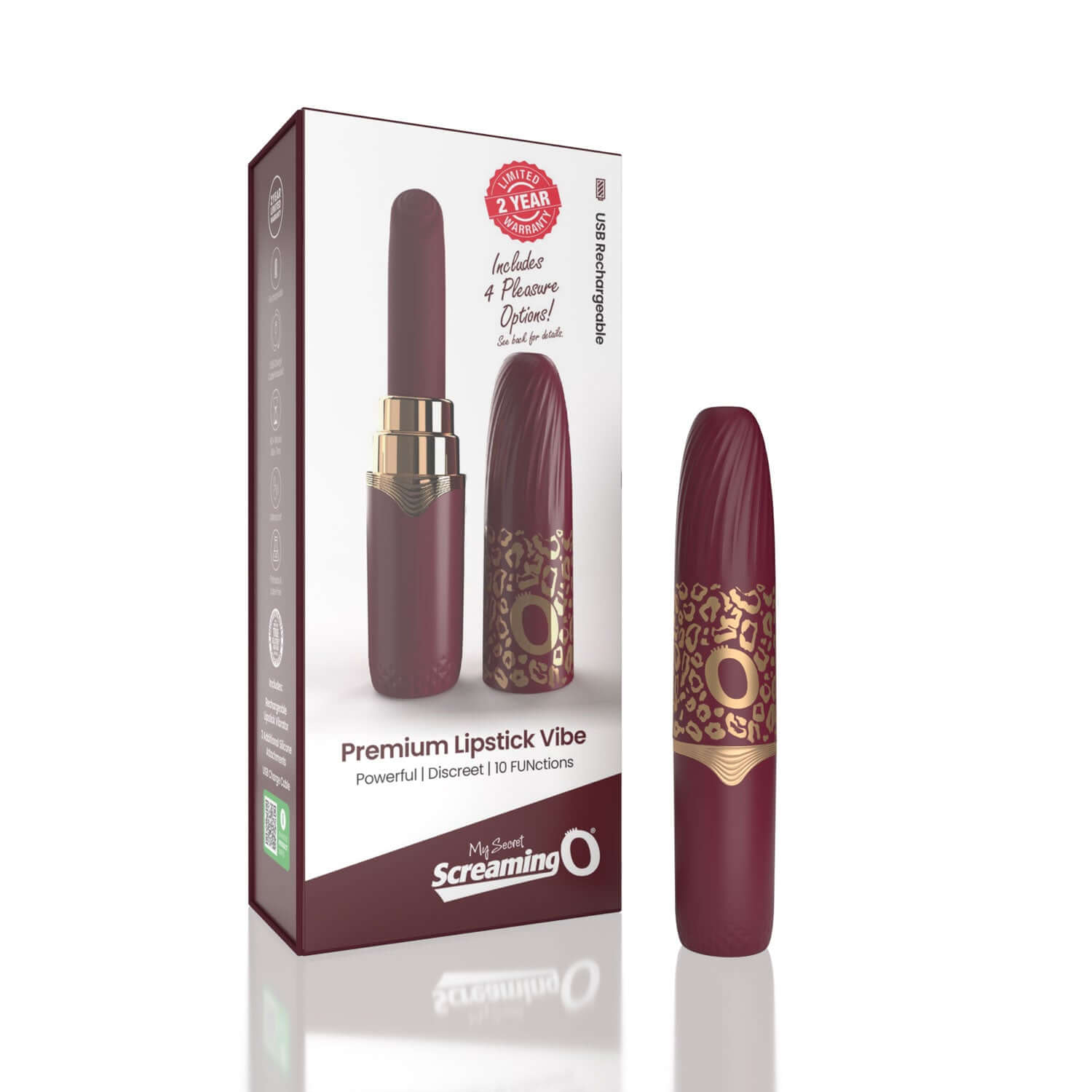 My Secret Premium Rechargeable Vibrating Lipstick Vibe in Merlot with box, featuring 10 vibration functions and interchangeable tips.