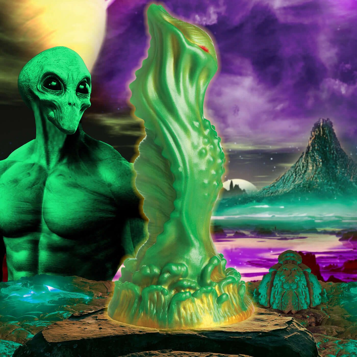 Green Nebula Alien Silicone Dildo with textured surface and narrow, red eyes against a colorful alien landscape background.