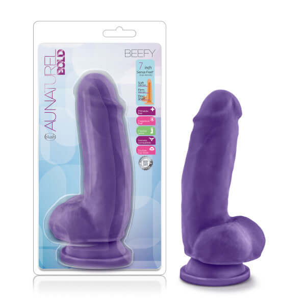 Au Natural Bold Beefy 7 Inch Purple Dildo with Sensa Feel dual density technology packaging and product image.